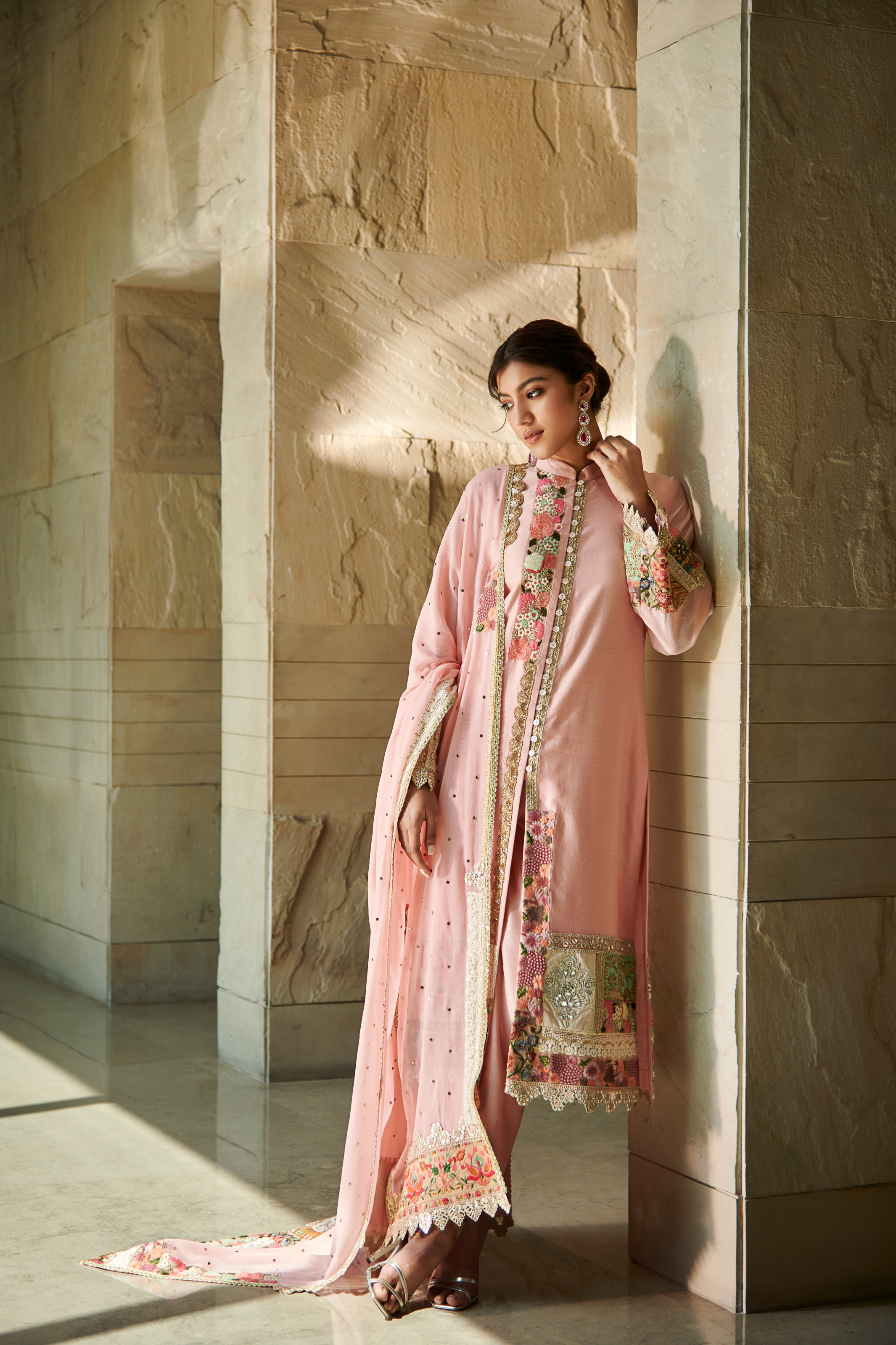 Peach Patchwork Front Open Suit Set