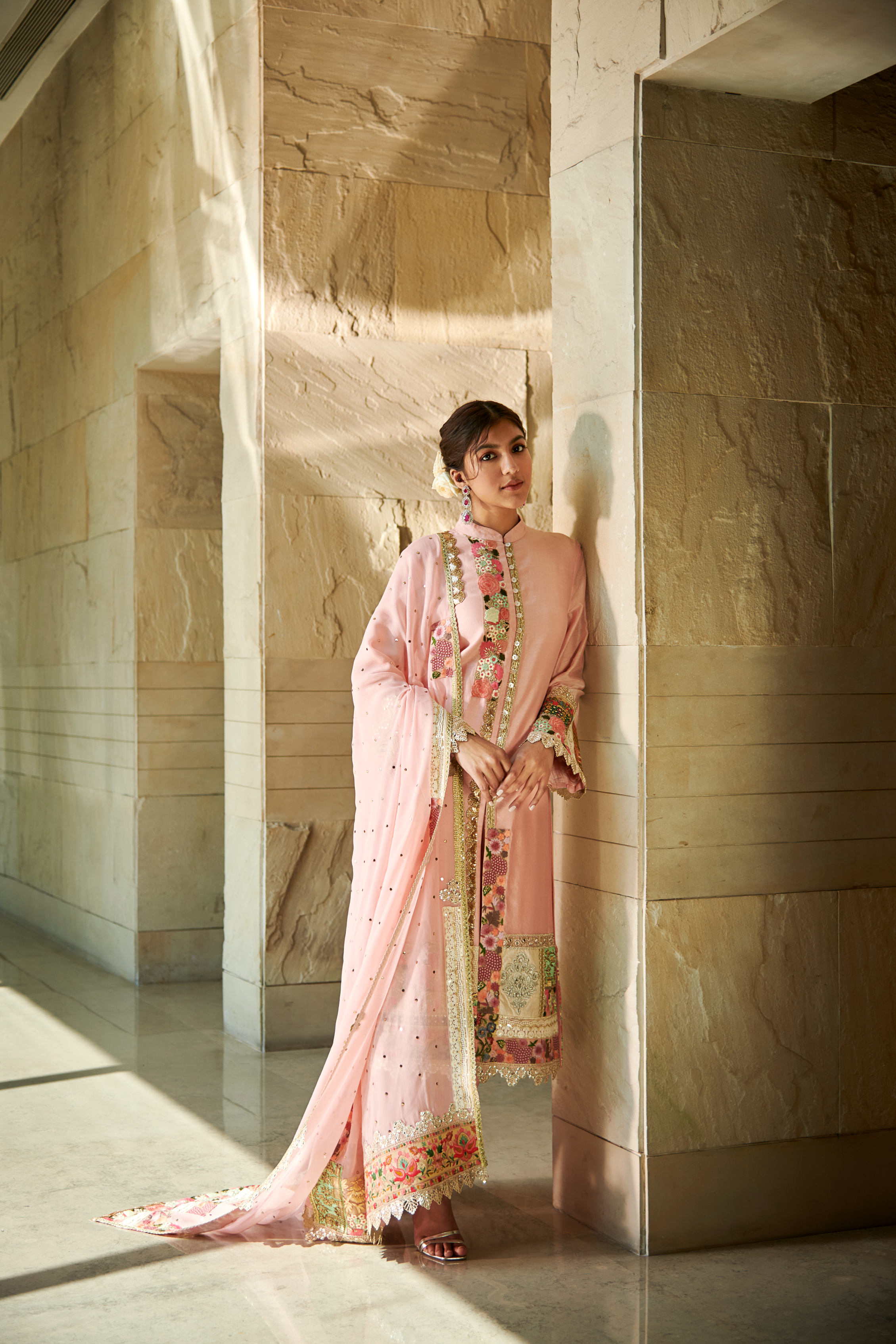 Peach Patchwork Front Open Suit Set