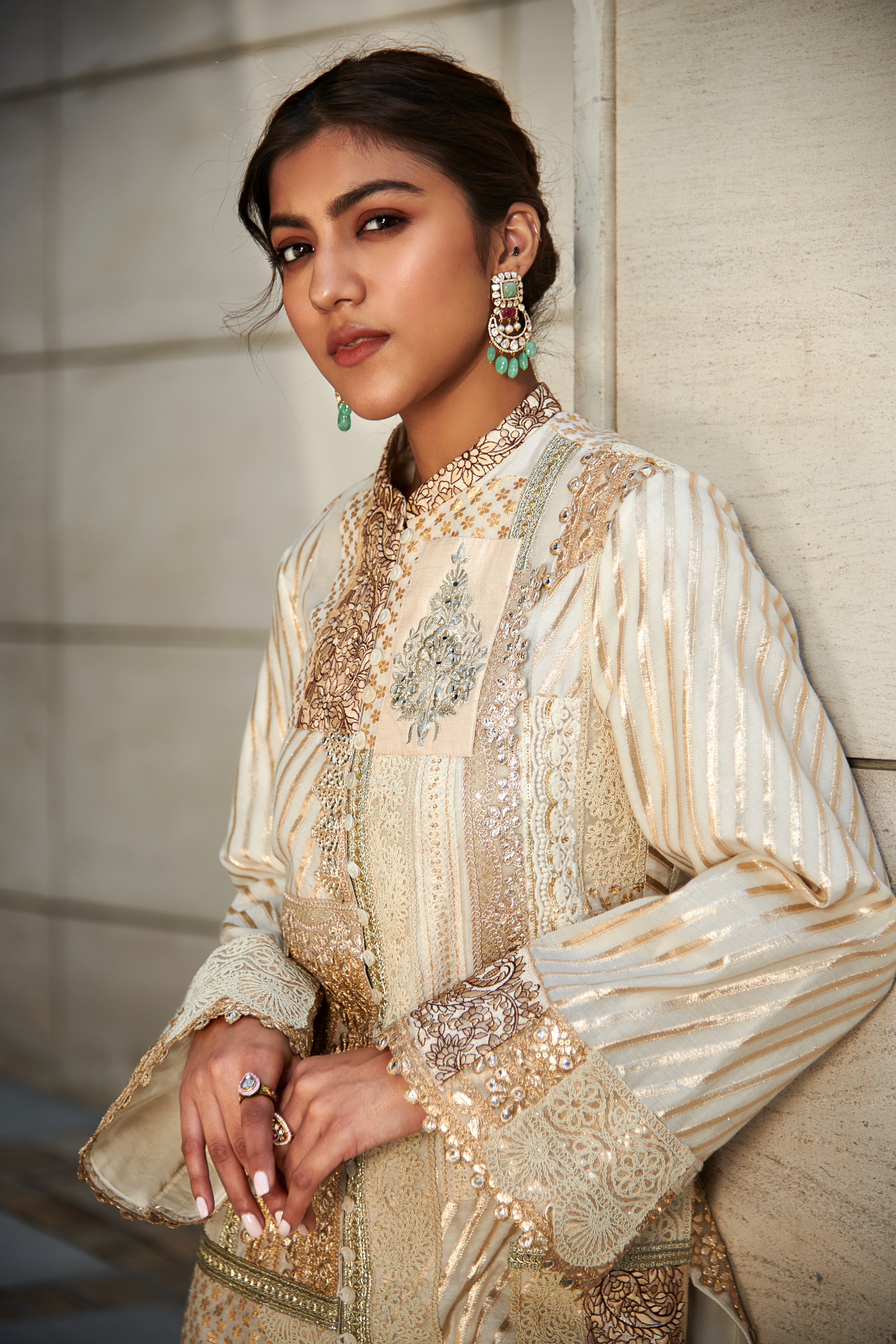 Multi Patch Ivory & Gold Front Open Suit Set