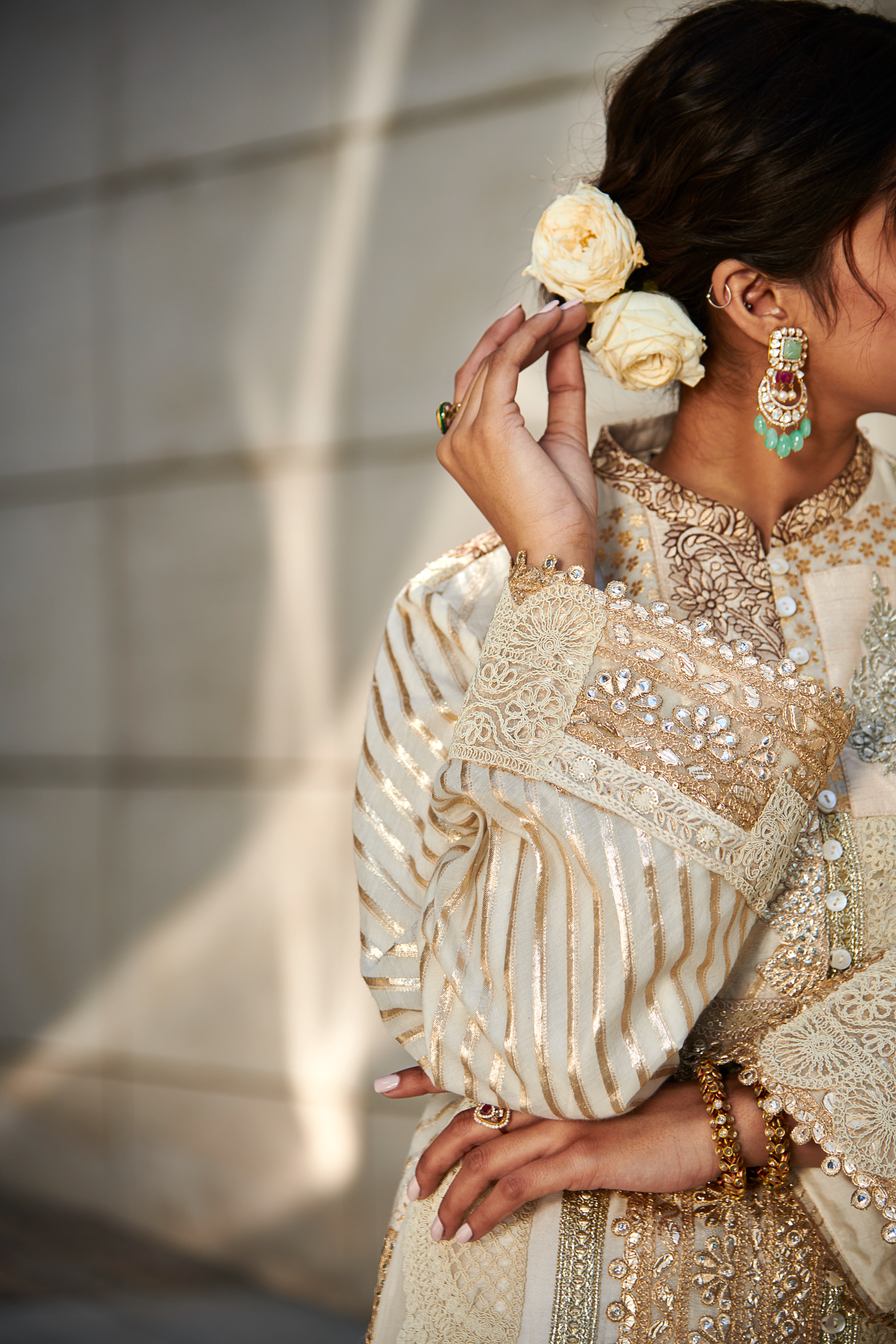 Multi Patch Ivory & Gold Front Open Suit Set