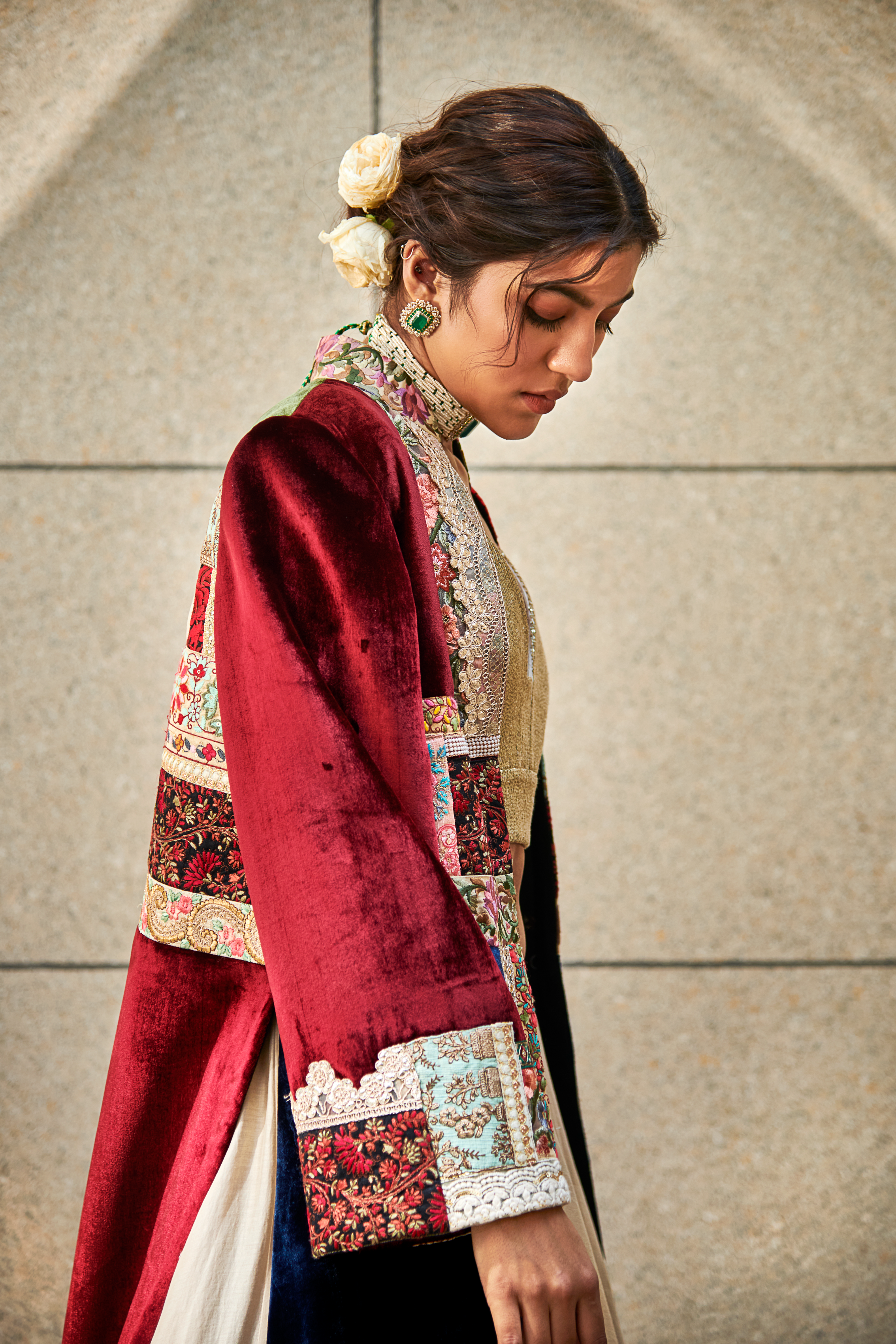 Multi Patch Velvet Jacket With Lehenga Set