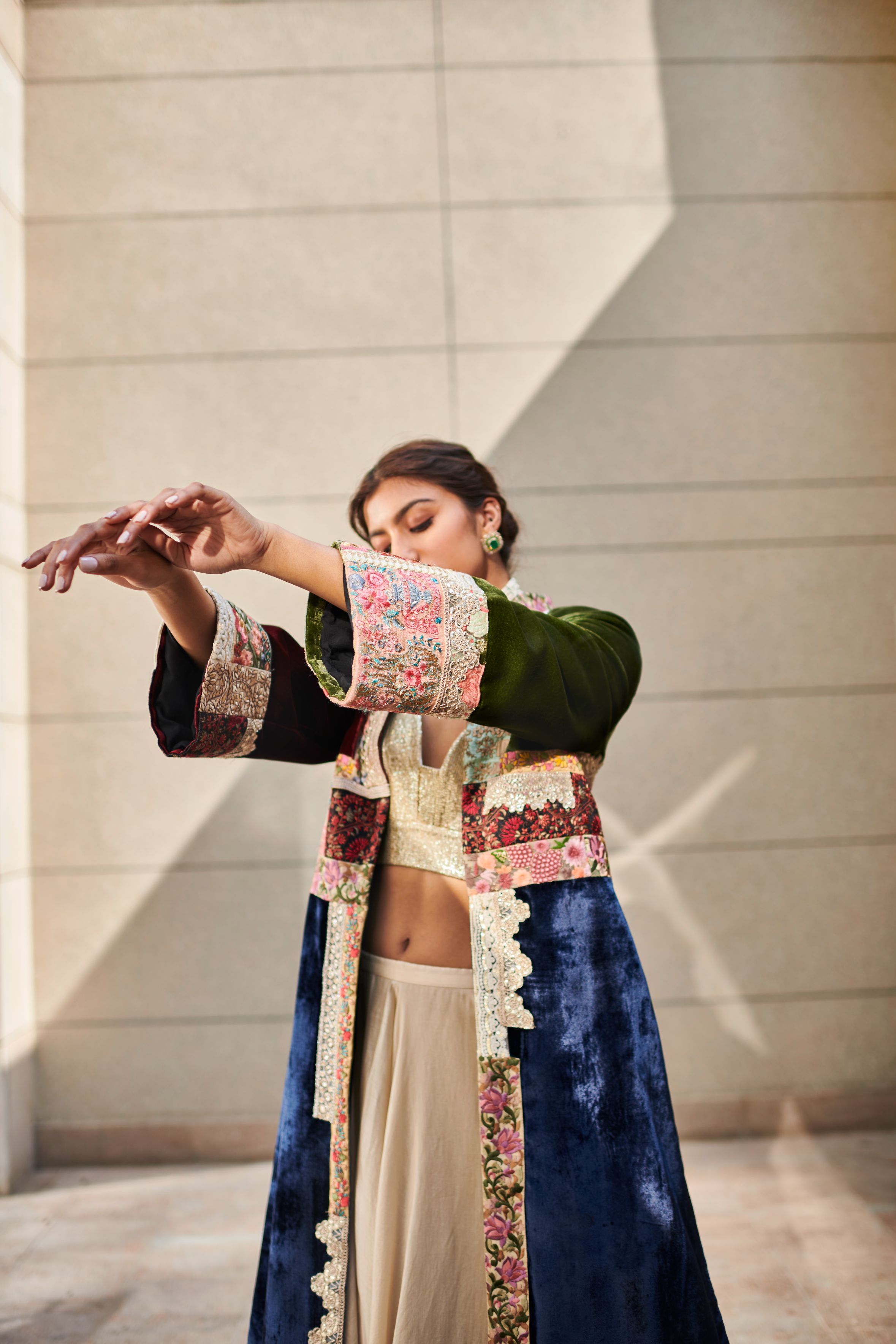 Multi Patch Velvet Jacket With Lehenga Set