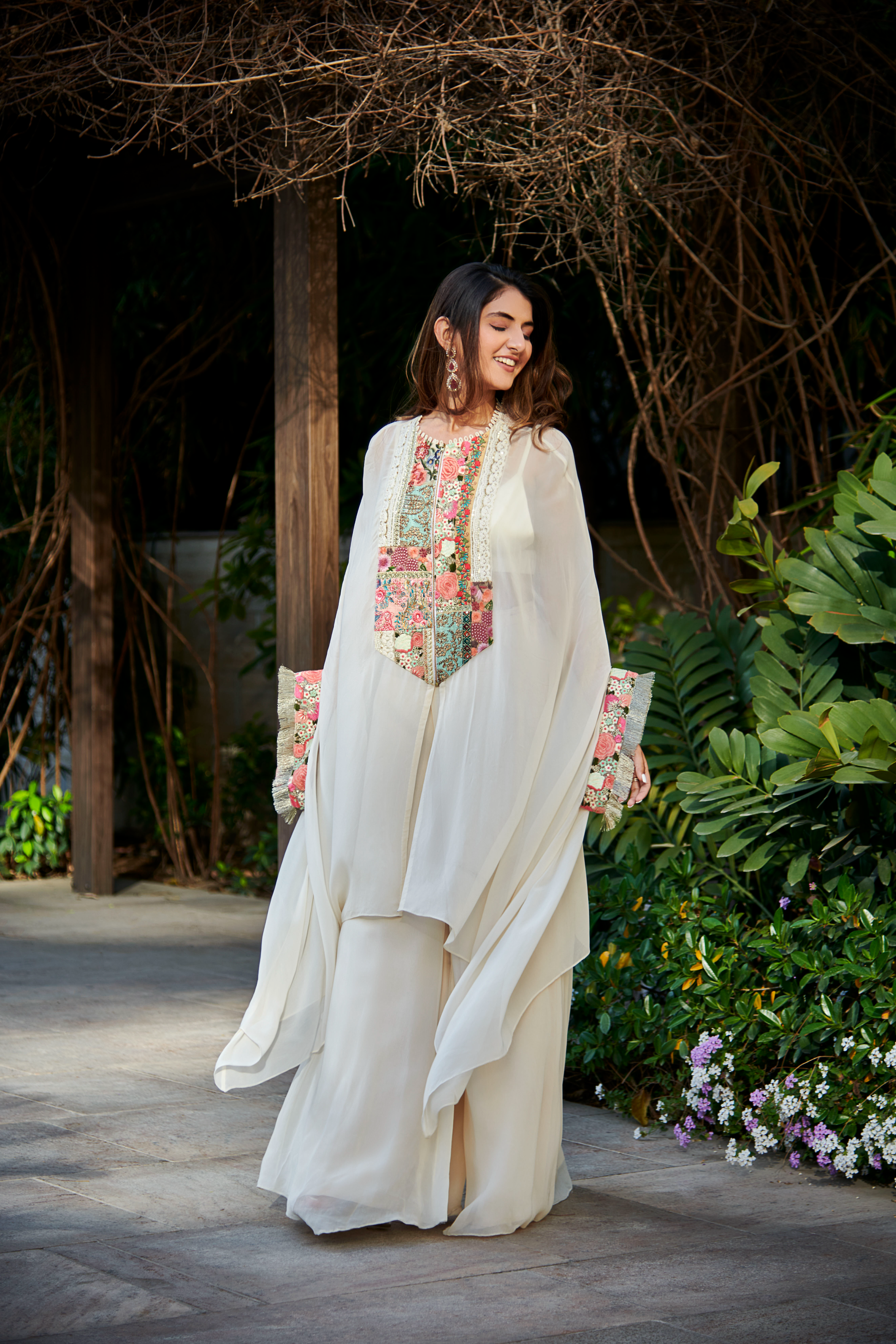 Multi Patch Ivory Zipper Tunic & Sharara Set