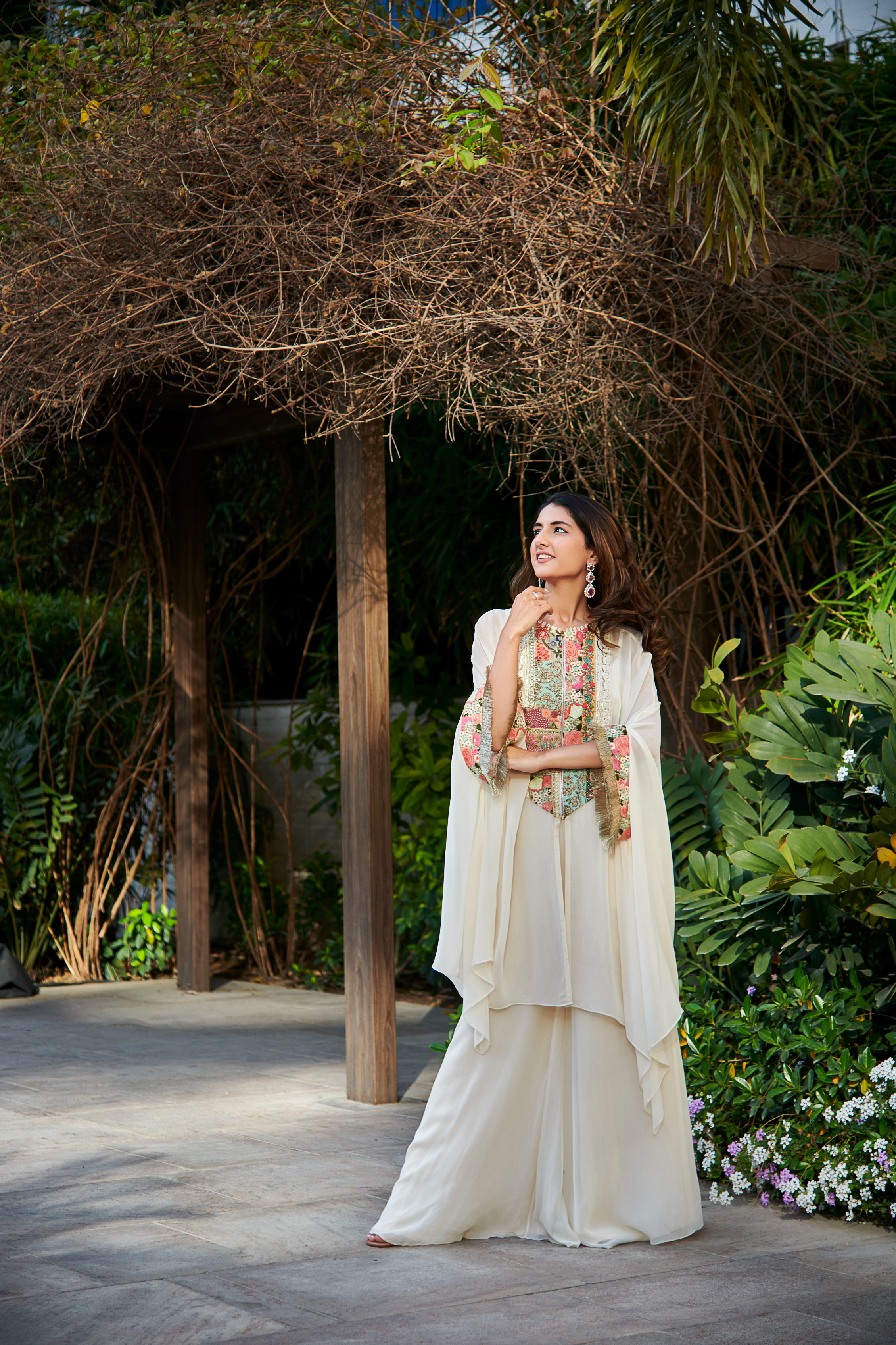 Multi Patch Ivory Zipper Tunic & Sharara Set