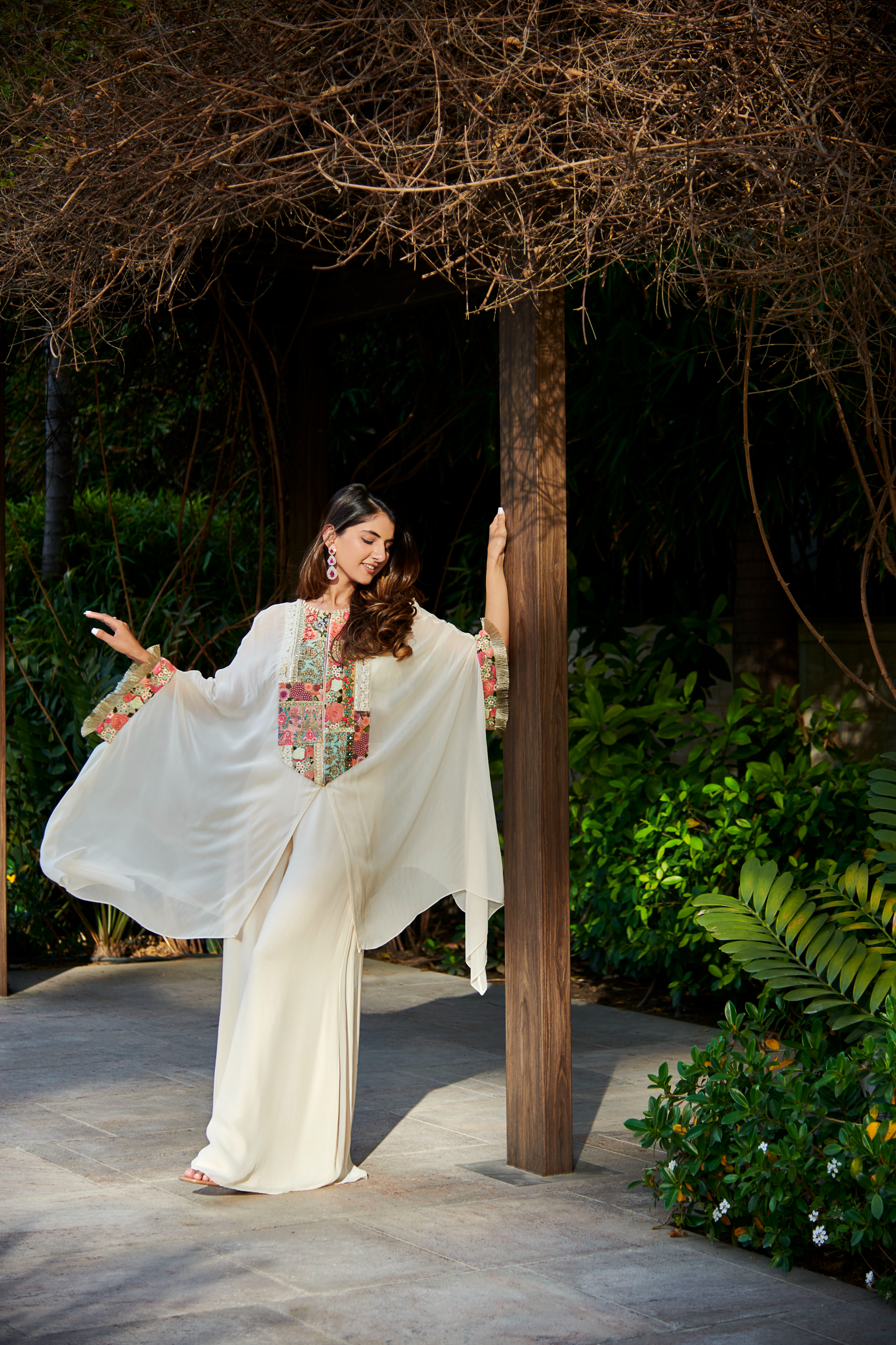 Multi Patch Ivory Zipper Tunic & Sharara Set