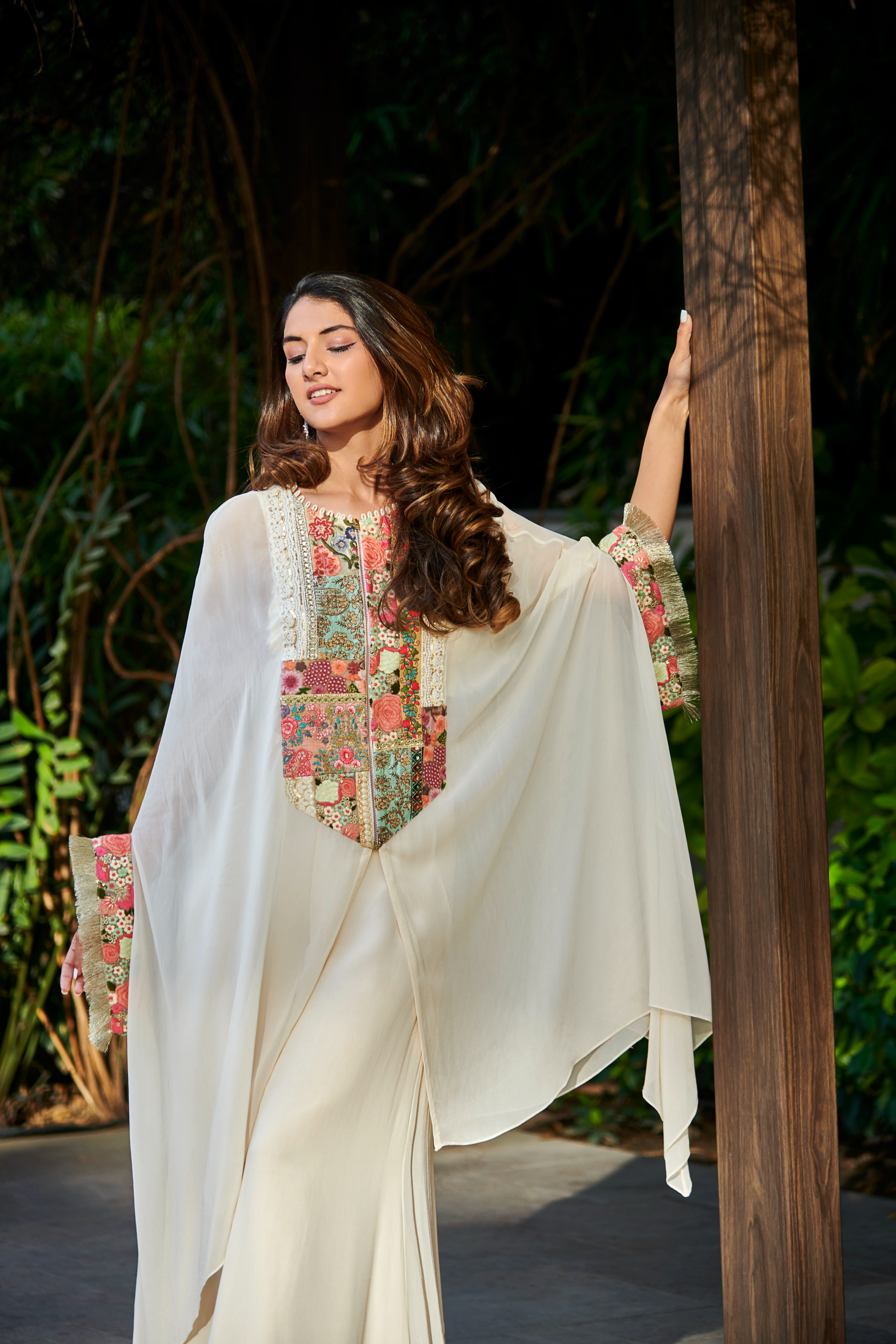 Multi Patch Ivory Zipper Tunic & Sharara Set