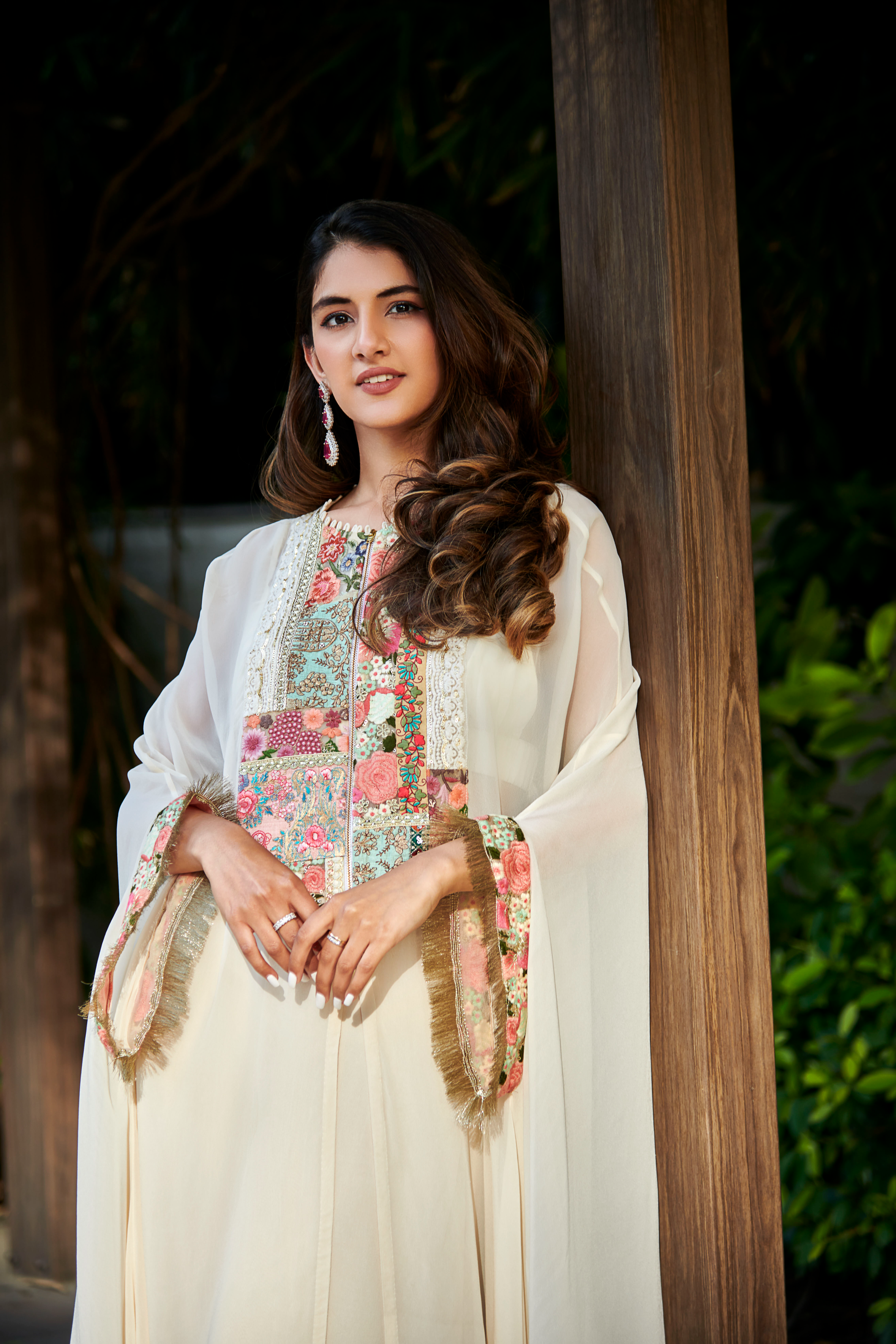 Multi Patch Ivory Zipper Tunic & Sharara Set