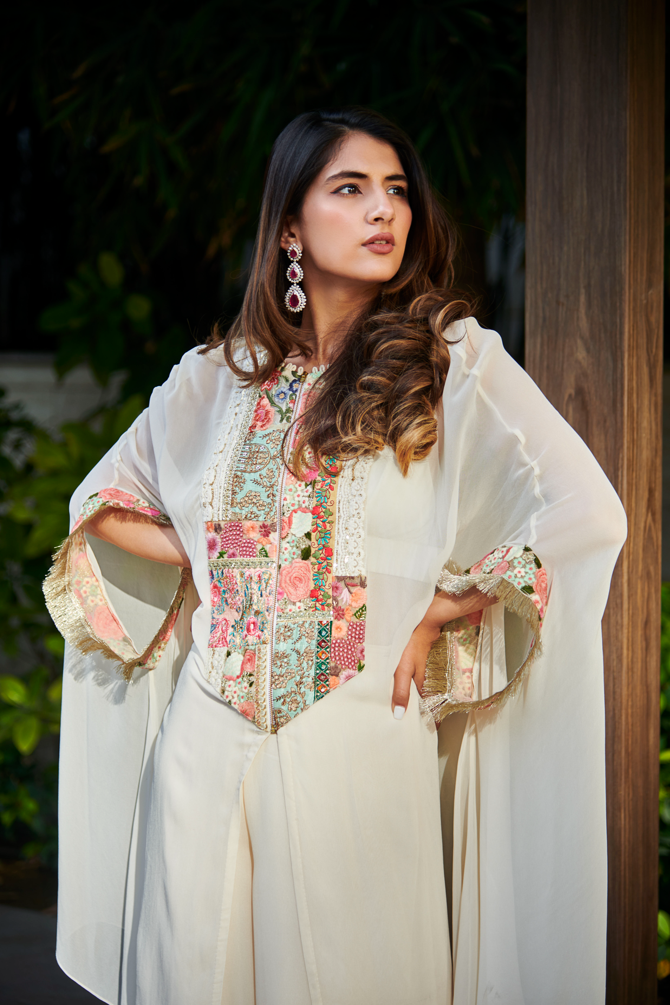 Multi Patch Ivory Zipper Tunic & Sharara Set