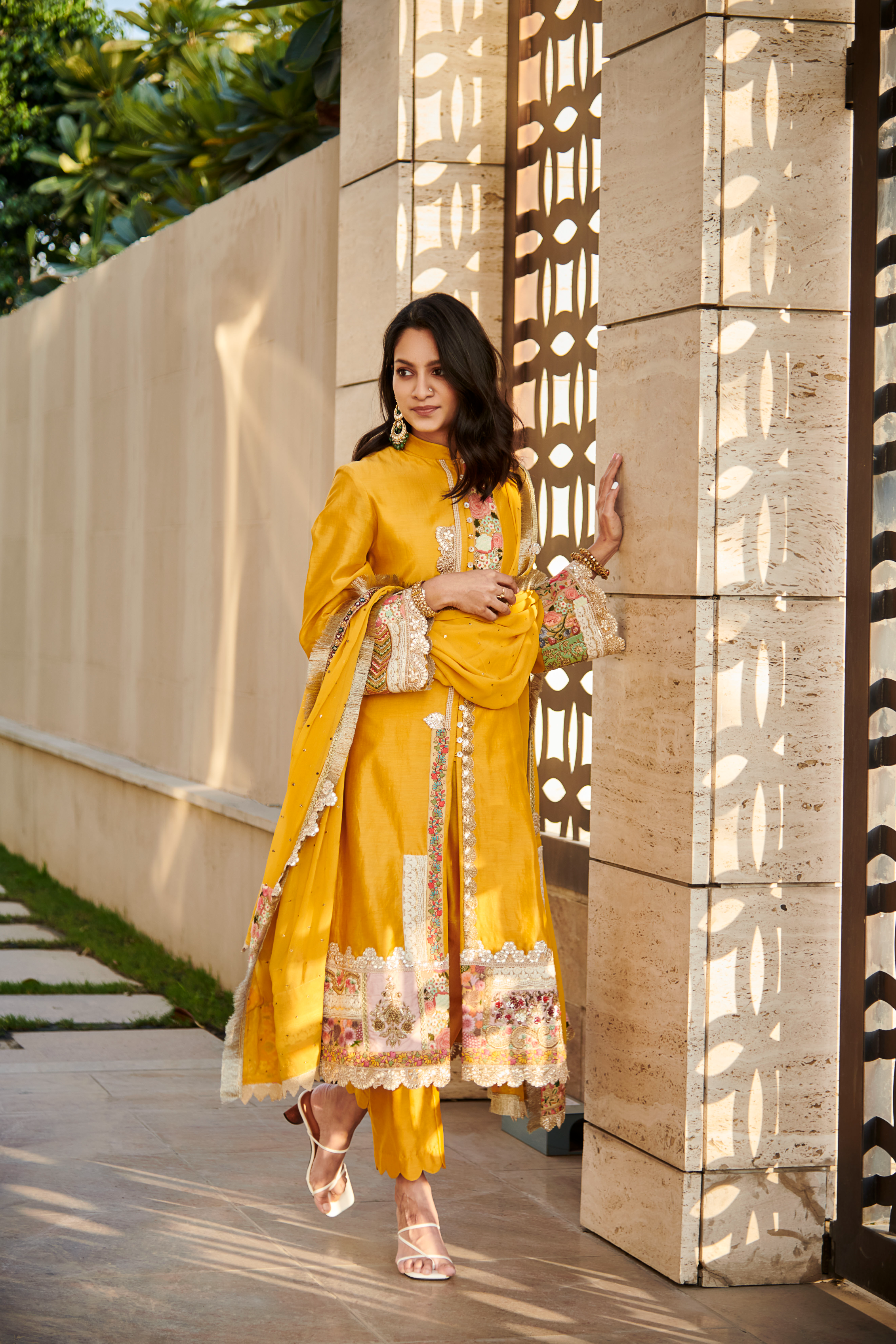 Multi Patch Mustard Front Open Suit Set