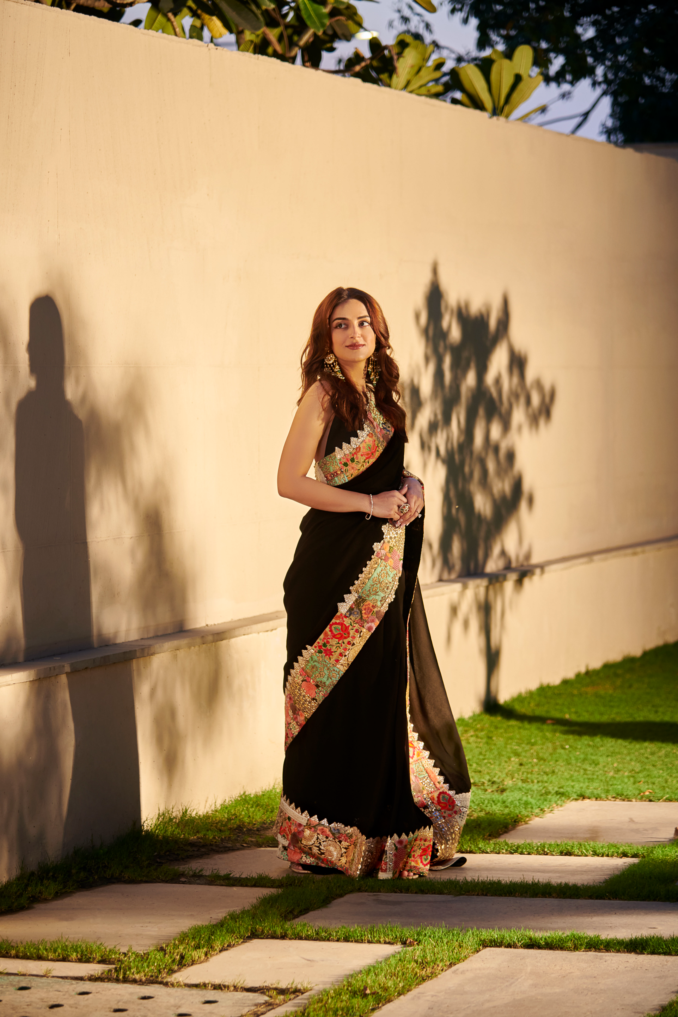 Black Multi Patch Embroidered Saree Set