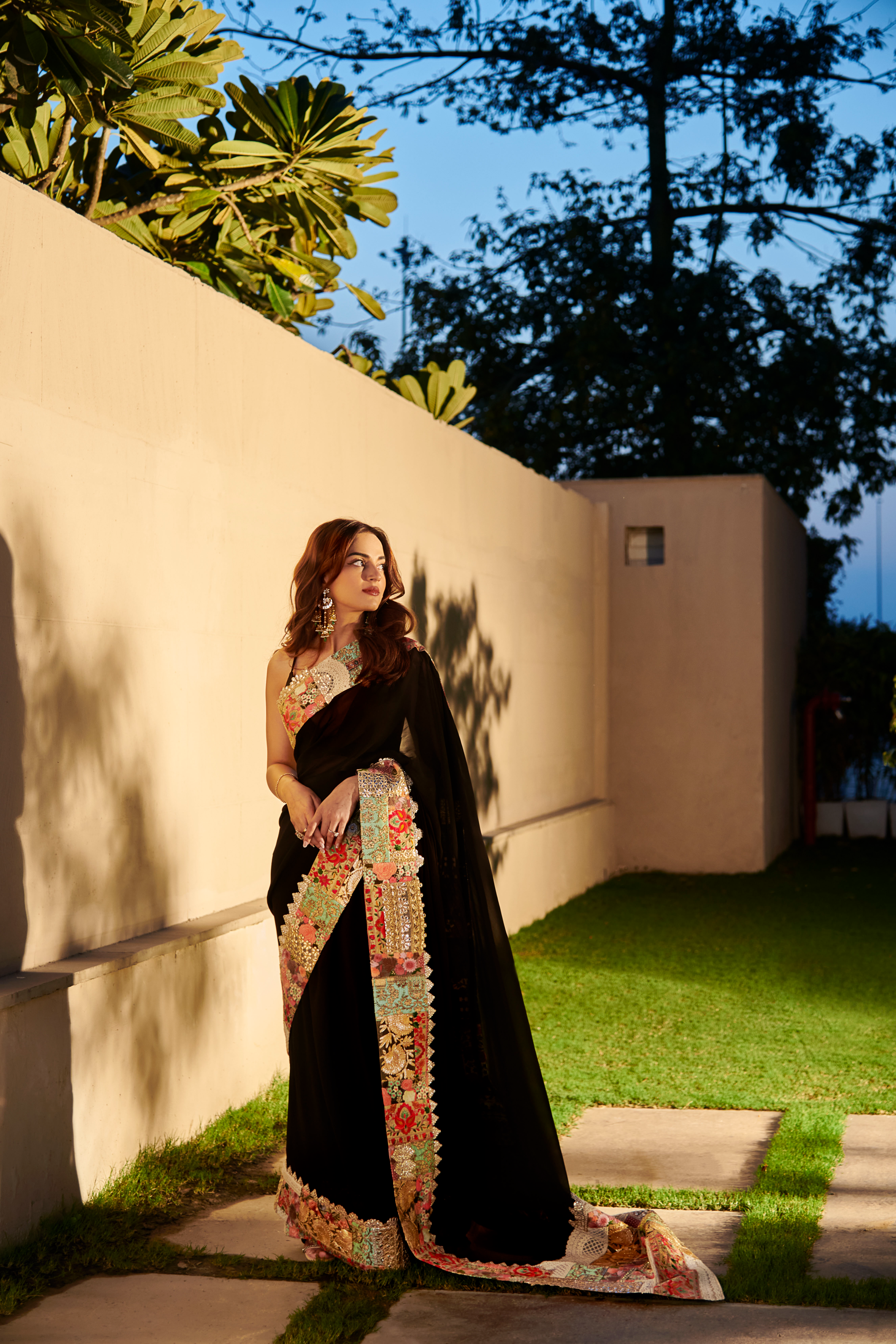 Black Multi Patch Embroidered Saree Set