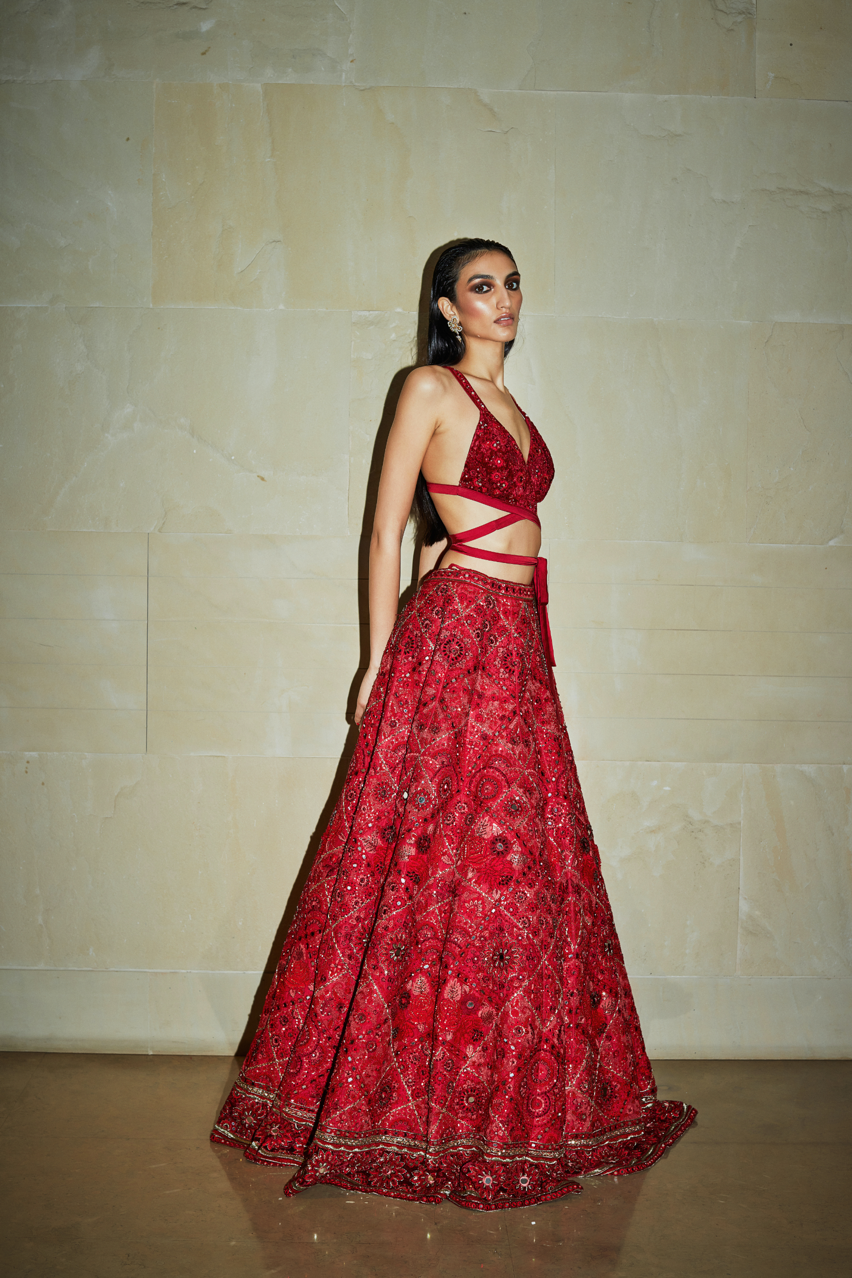 Ruby Red Embroidered Lehenga Set