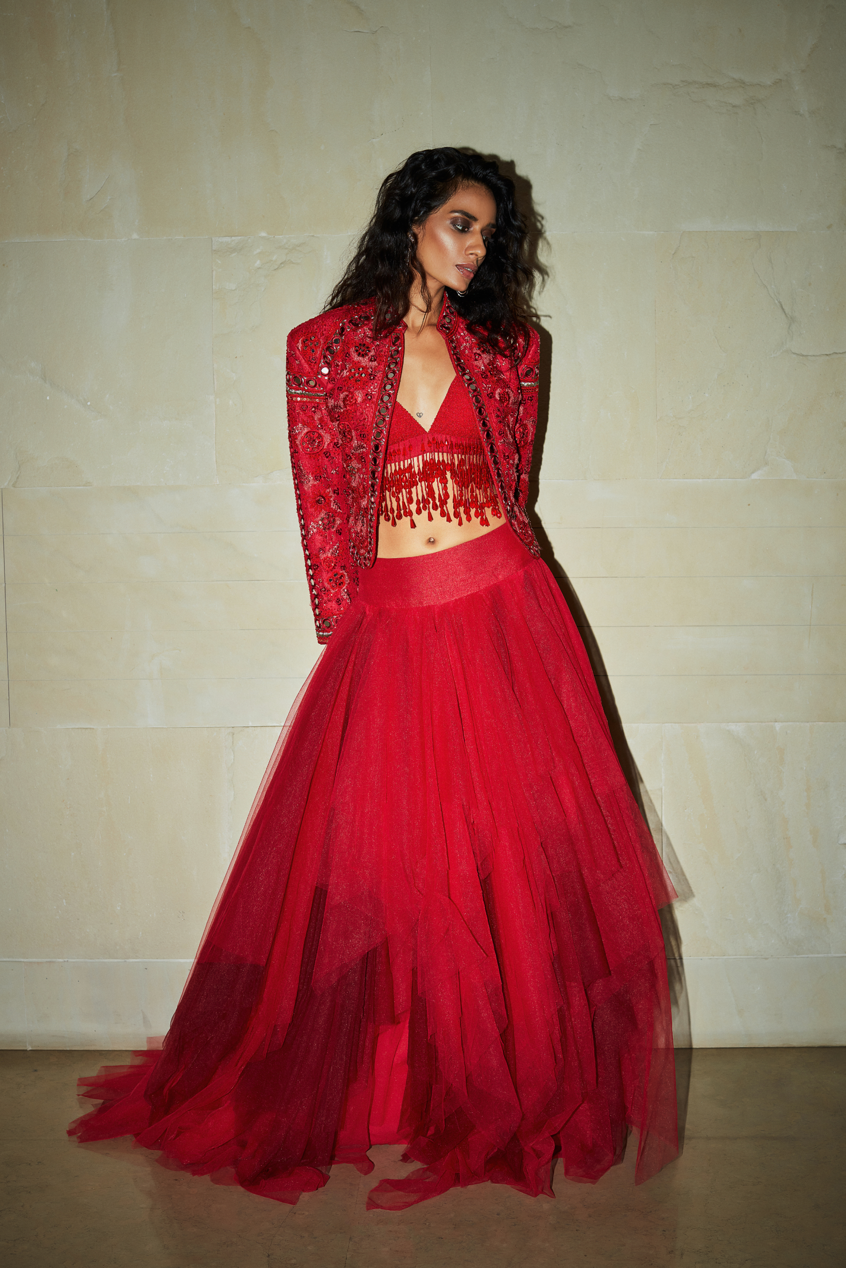 Ruby Red Embroidered Jacket And Bralette With Tulle Skirt