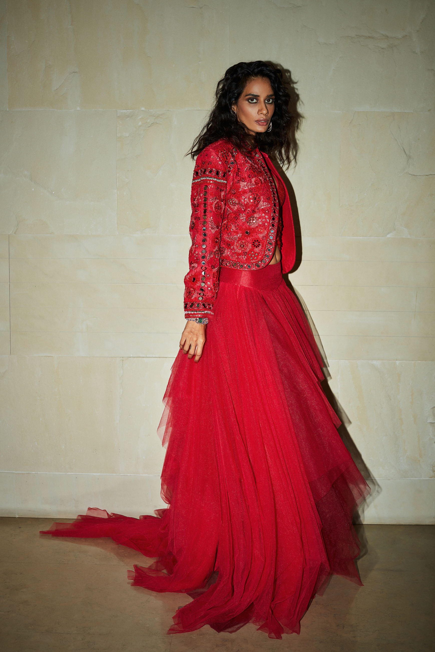 Ruby Red Embroidered Jacket And Bralette With Tulle Skirt