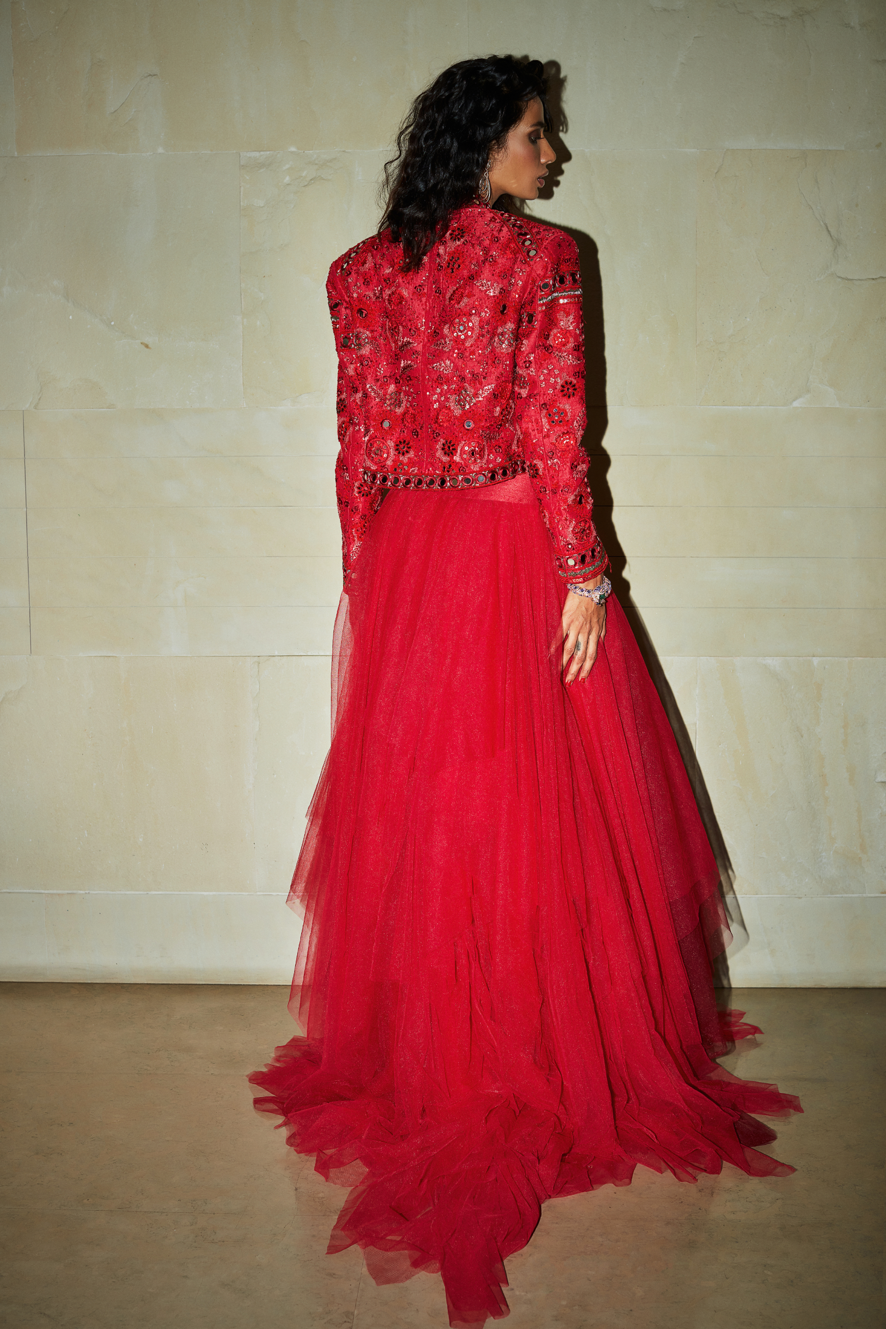 Ruby Red Embroidered Jacket And Bralette With Tulle Skirt