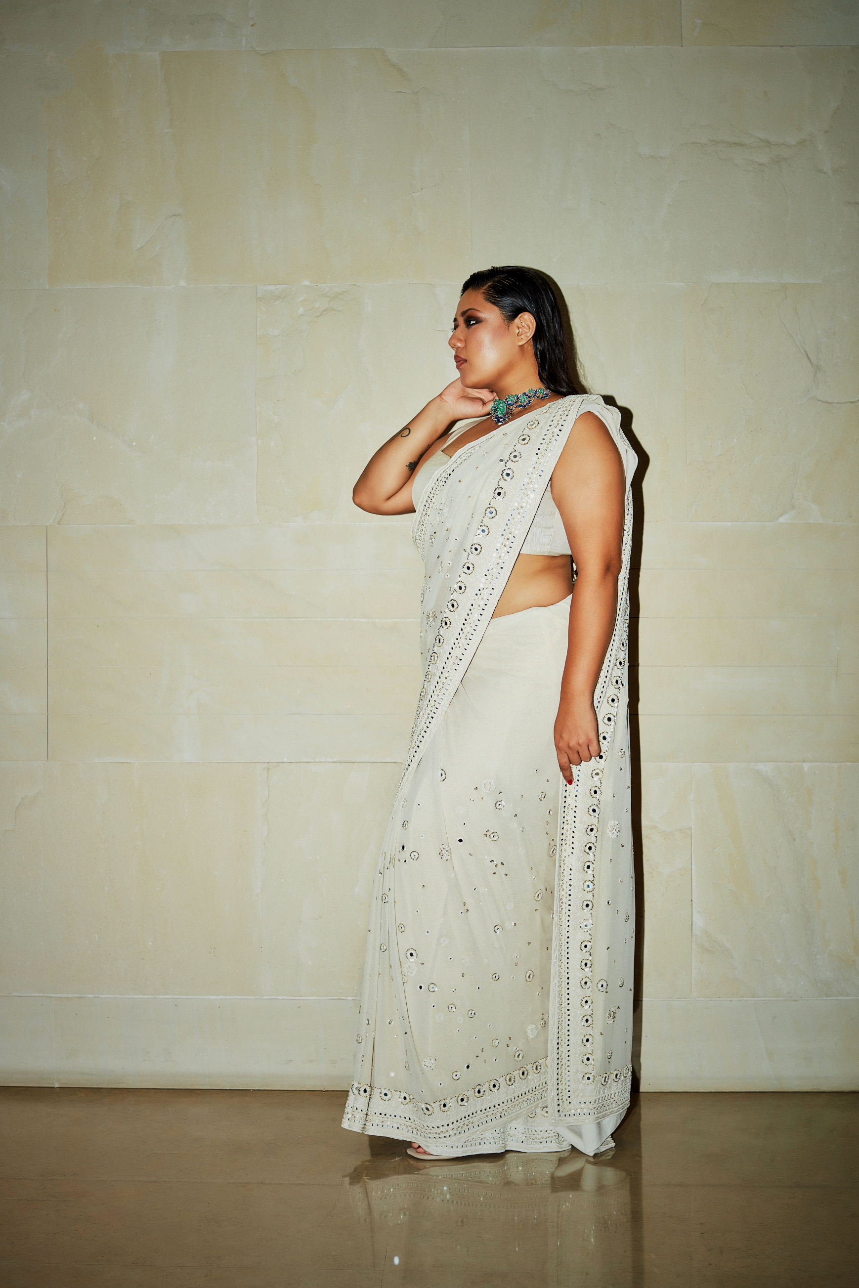 Ivory Hand Embroidered Saree Set