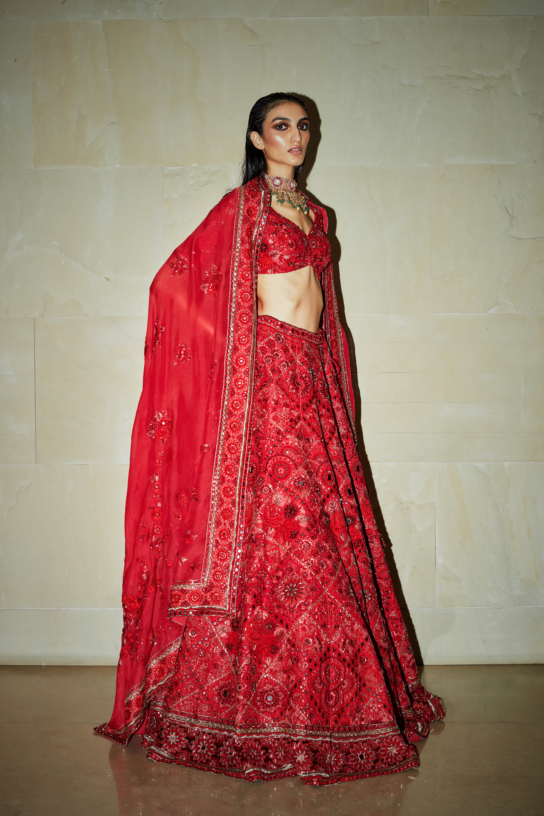Scarlet Embroidered Lehenga Set