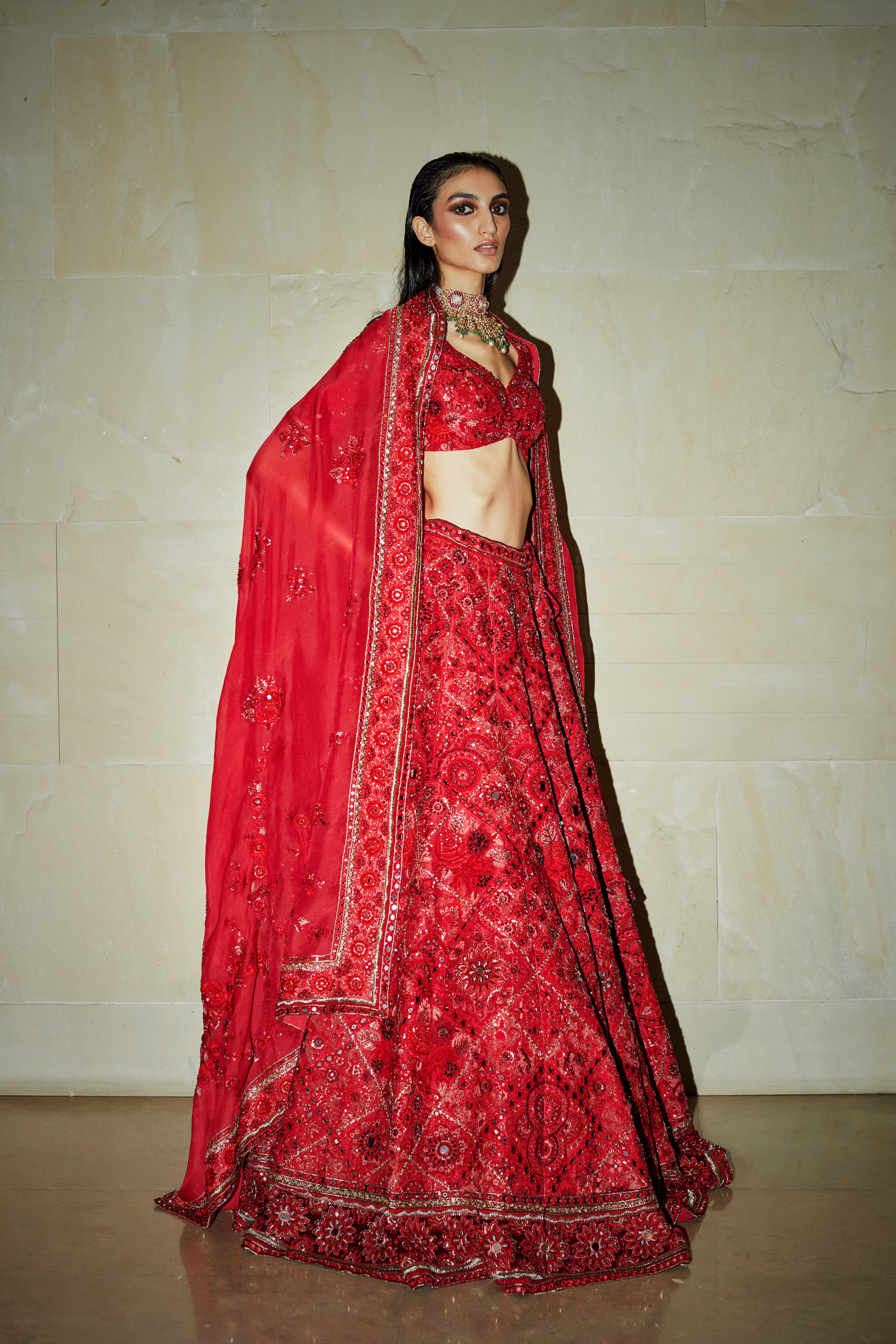 Ruby Red Embroidered Lehenga Set