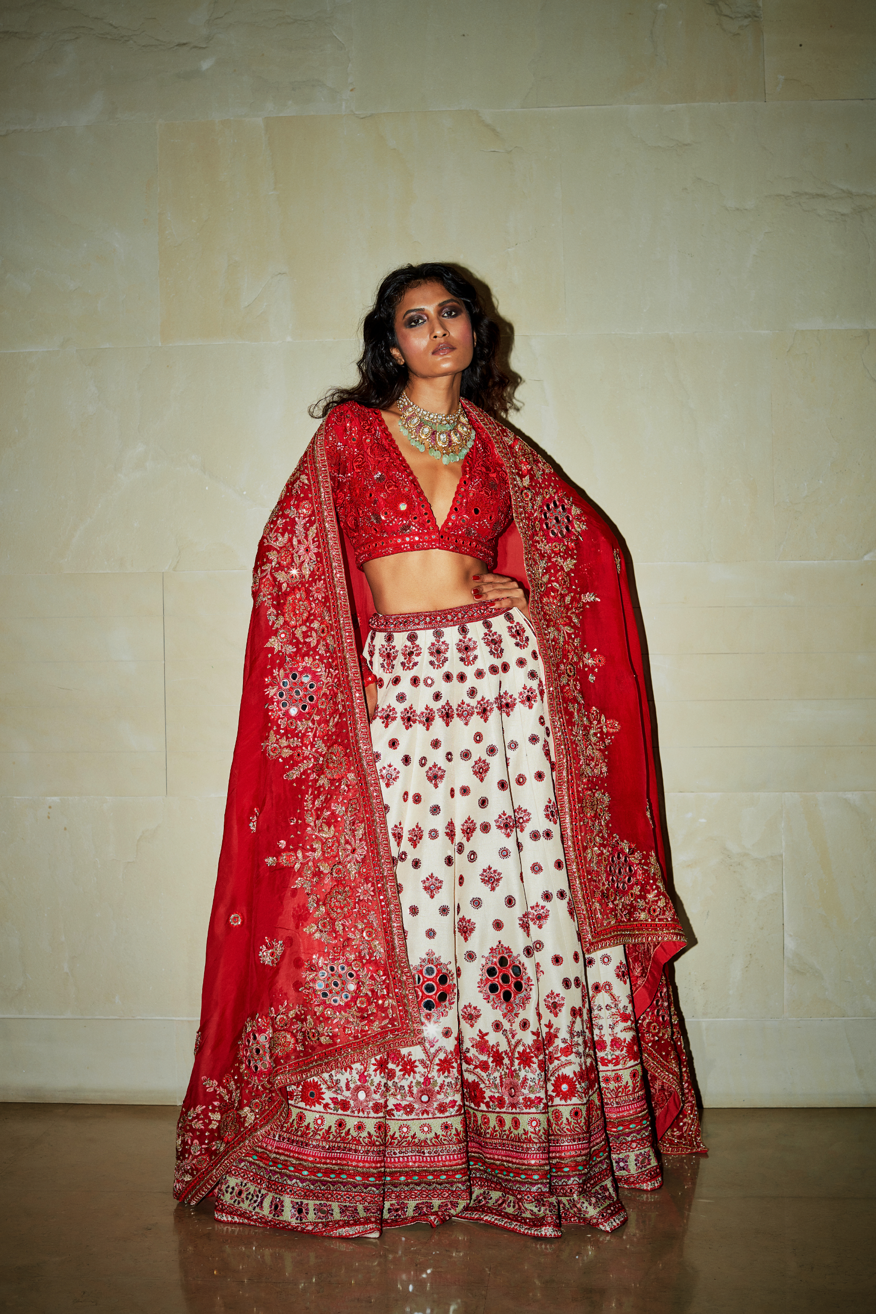 Contrast Cameo Pink Red Mirror Boota Lehenga Set