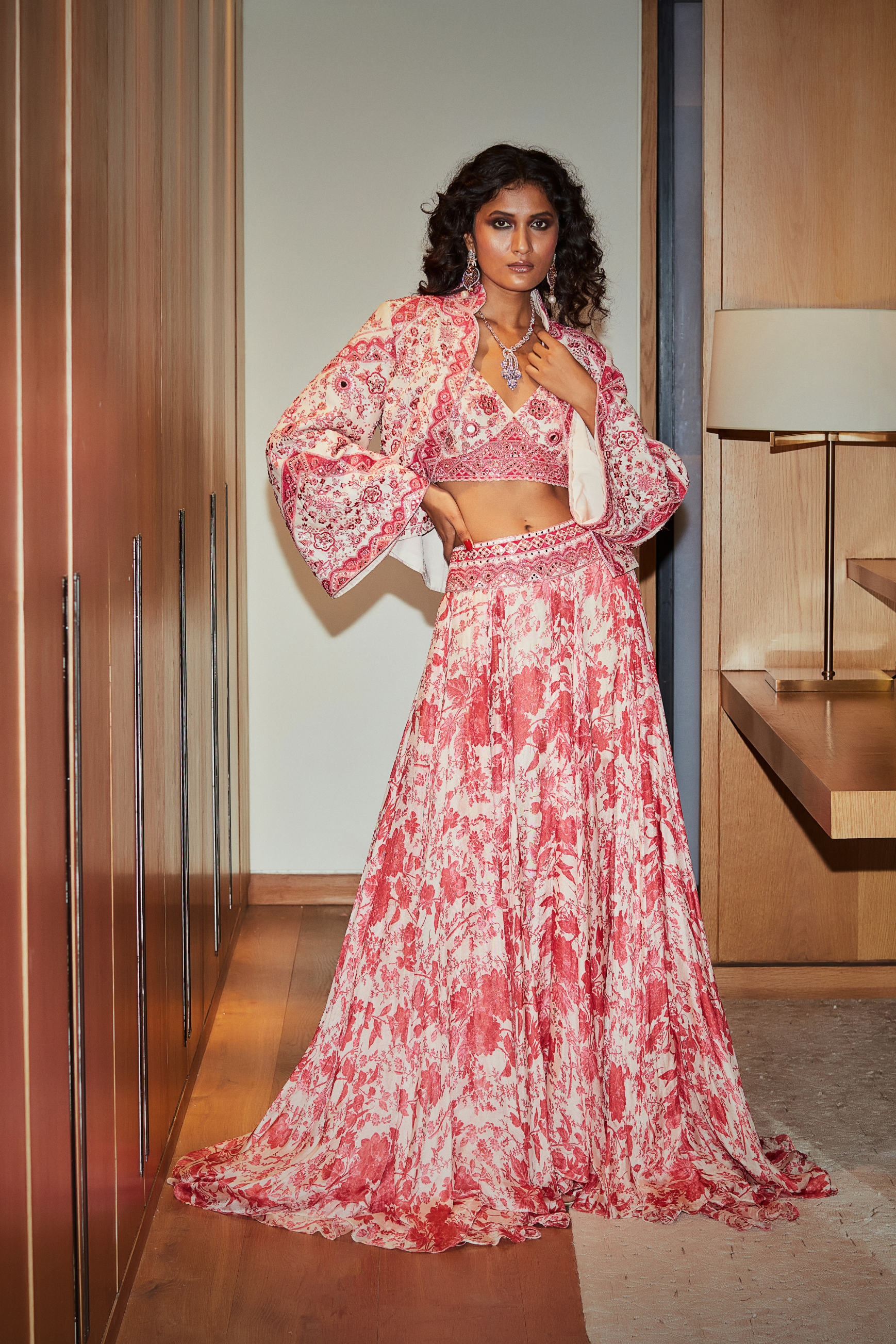 Blush Pink Floral Embroidered Jacket Paired With Bralette And Skirt