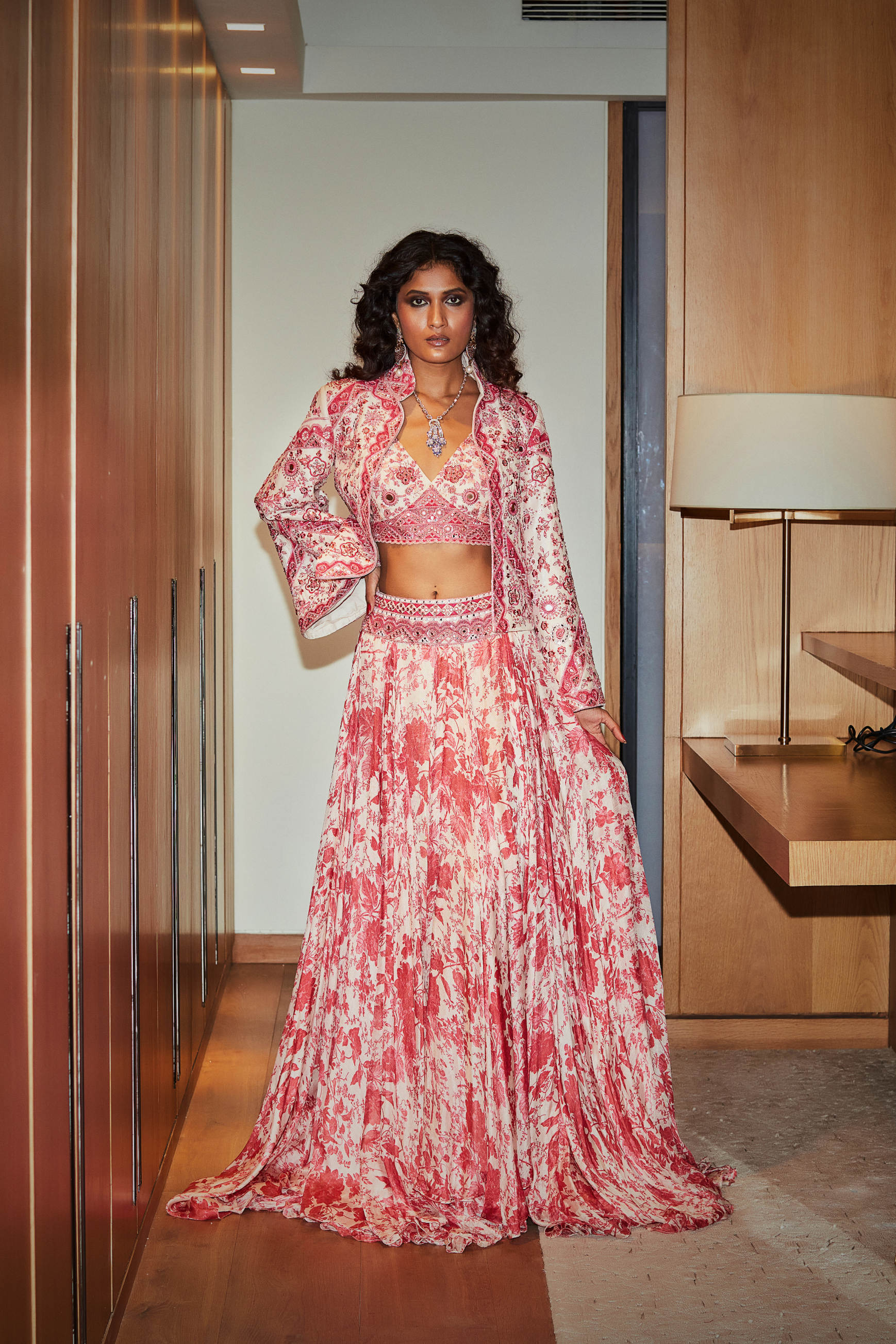 Blush Pink Floral Embroidered Jacket Paired With Bralette And Skirt