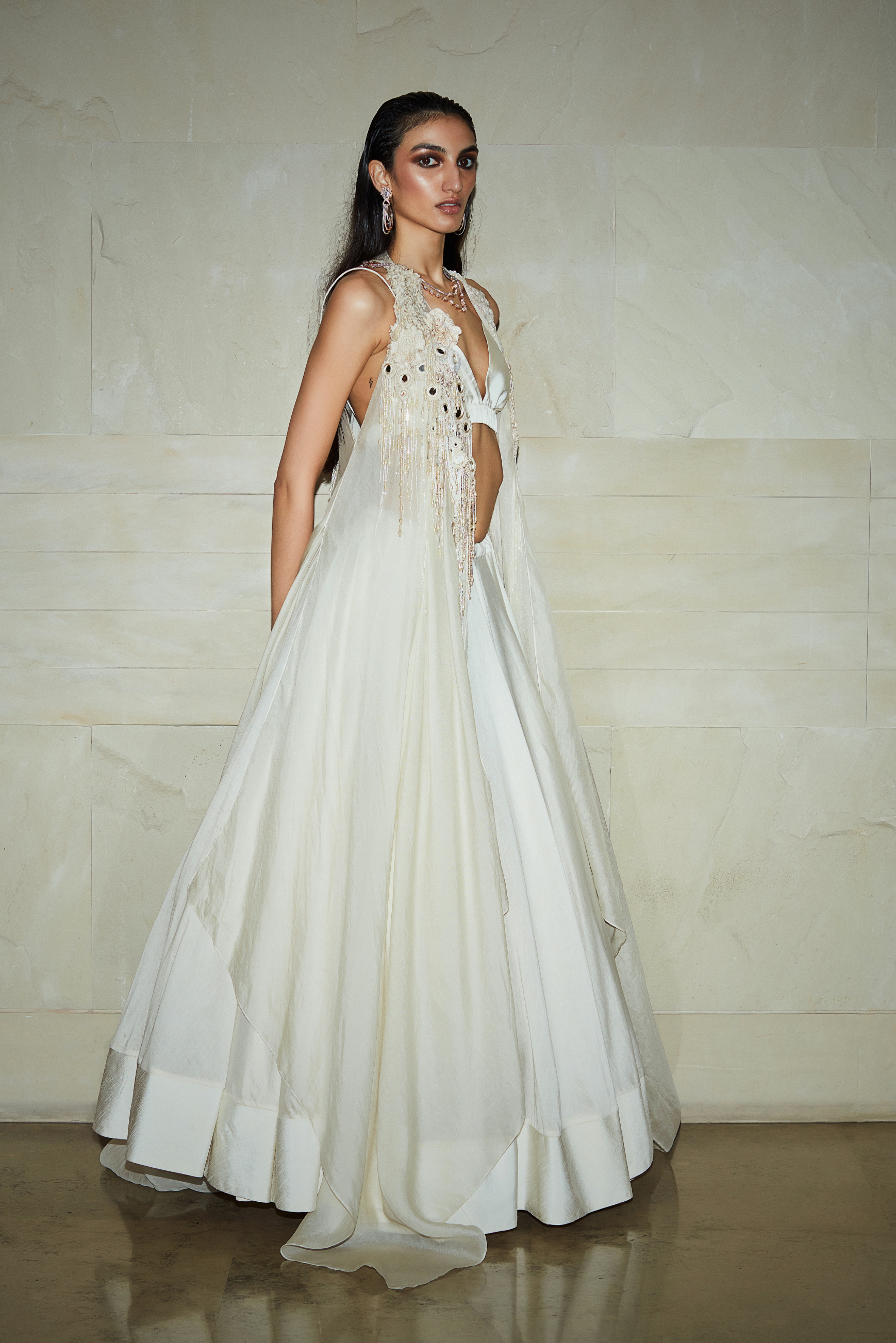 Ivory Hand Embroidered Long Cape, Bralette And Skirt Set