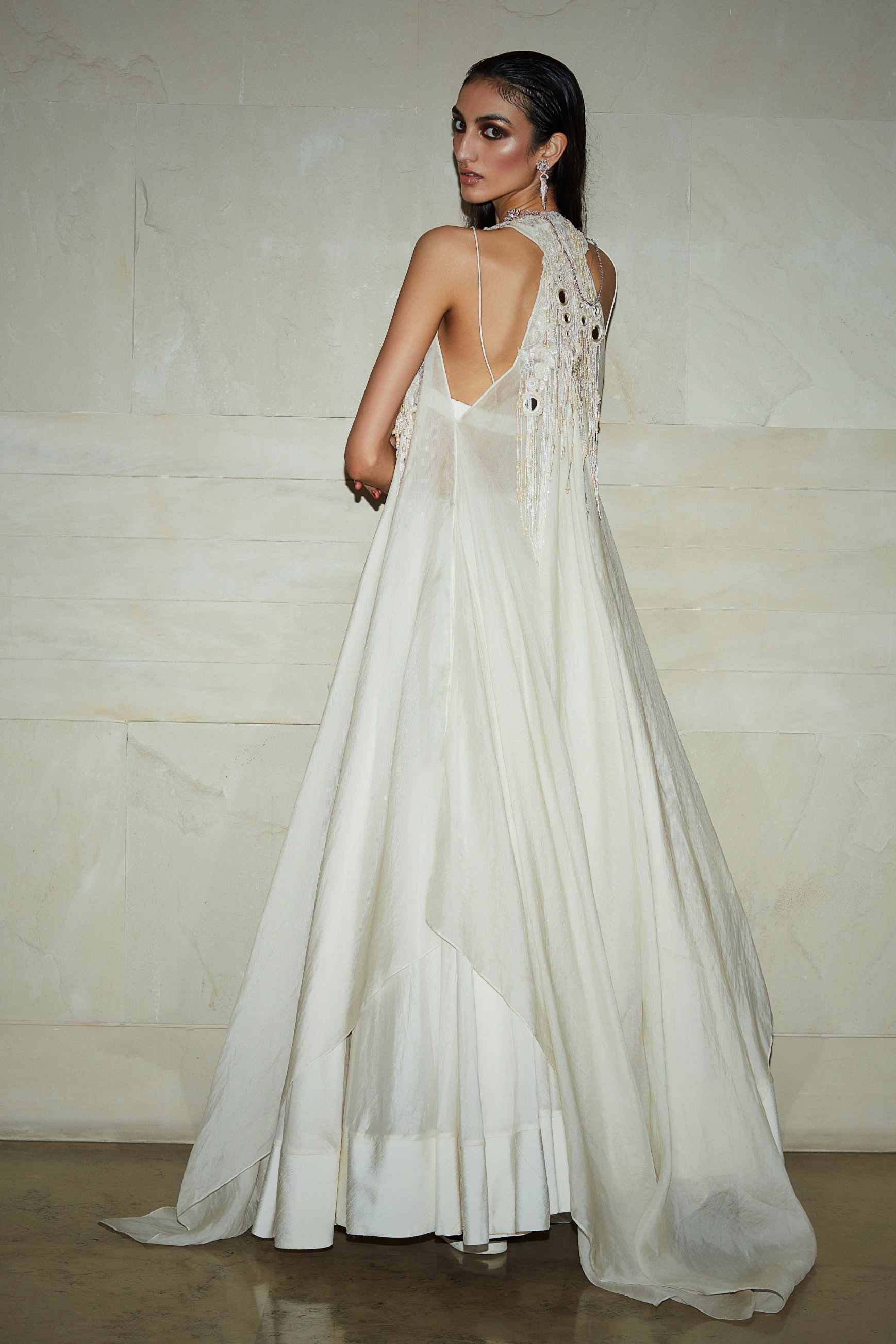 Ivory Hand Embroidered Long Cape, Bralette And Skirt Set