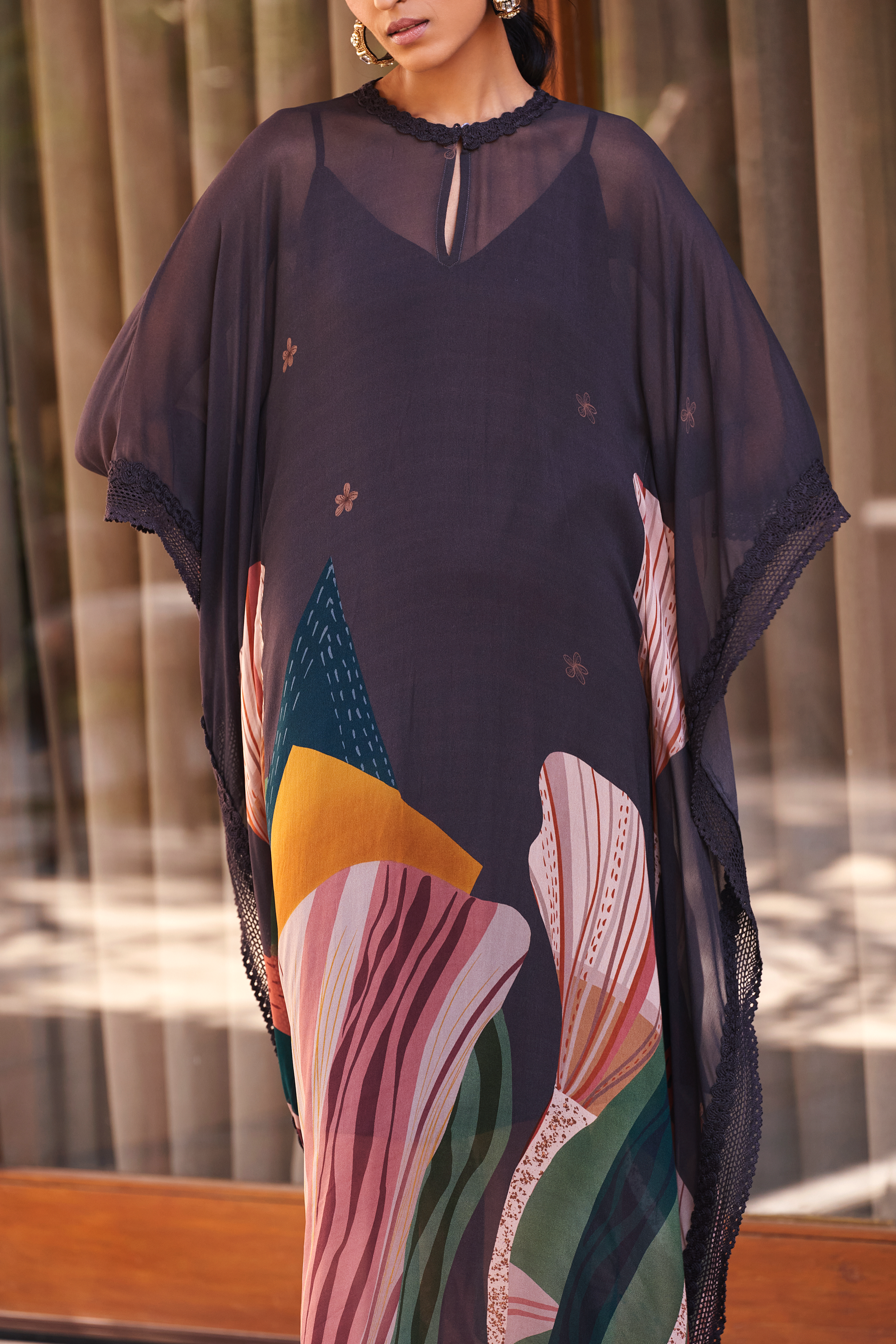 Charcoal Grey Abstract Print Long Kaftan