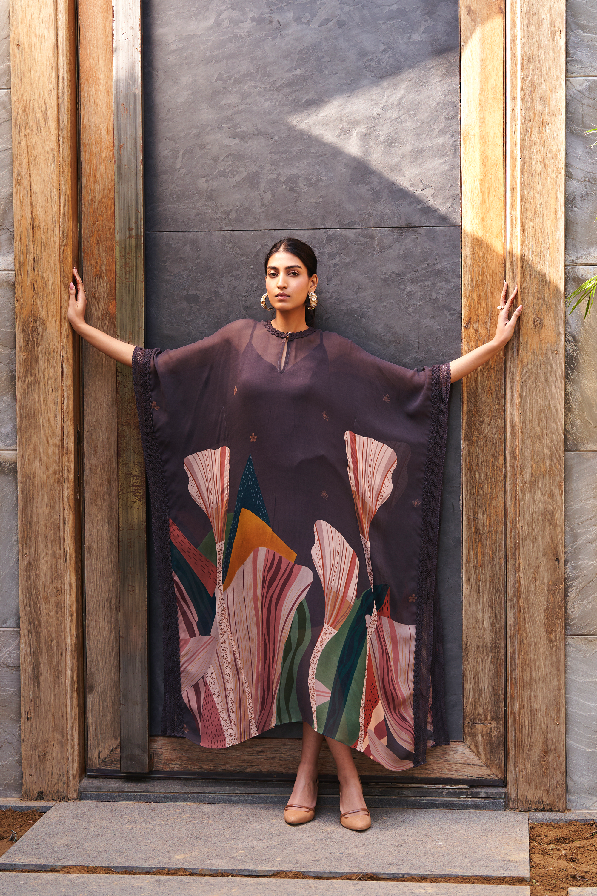 Charcoal Grey Abstract Print Long Kaftan