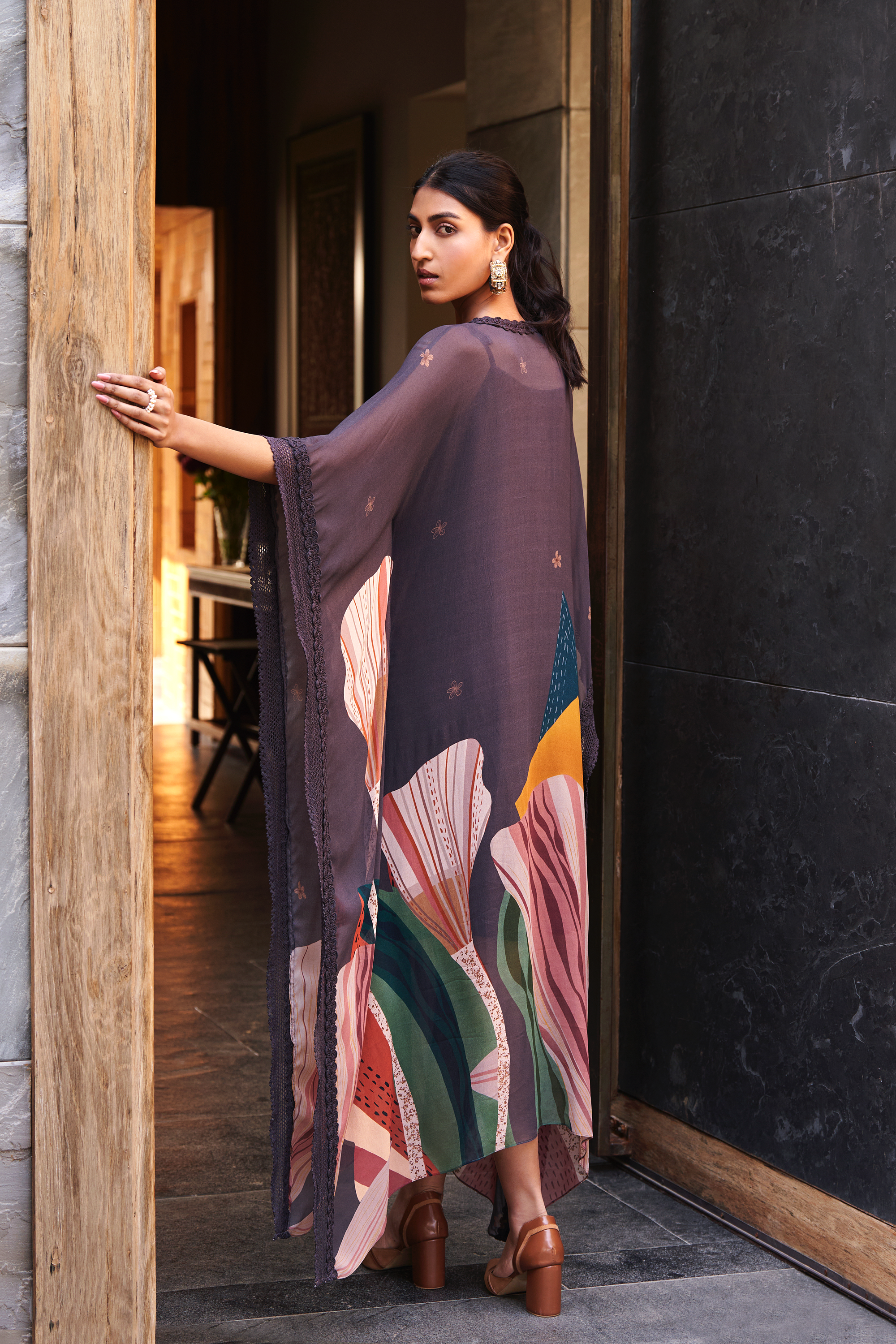 Charcoal Grey Abstract Print Long Kaftan