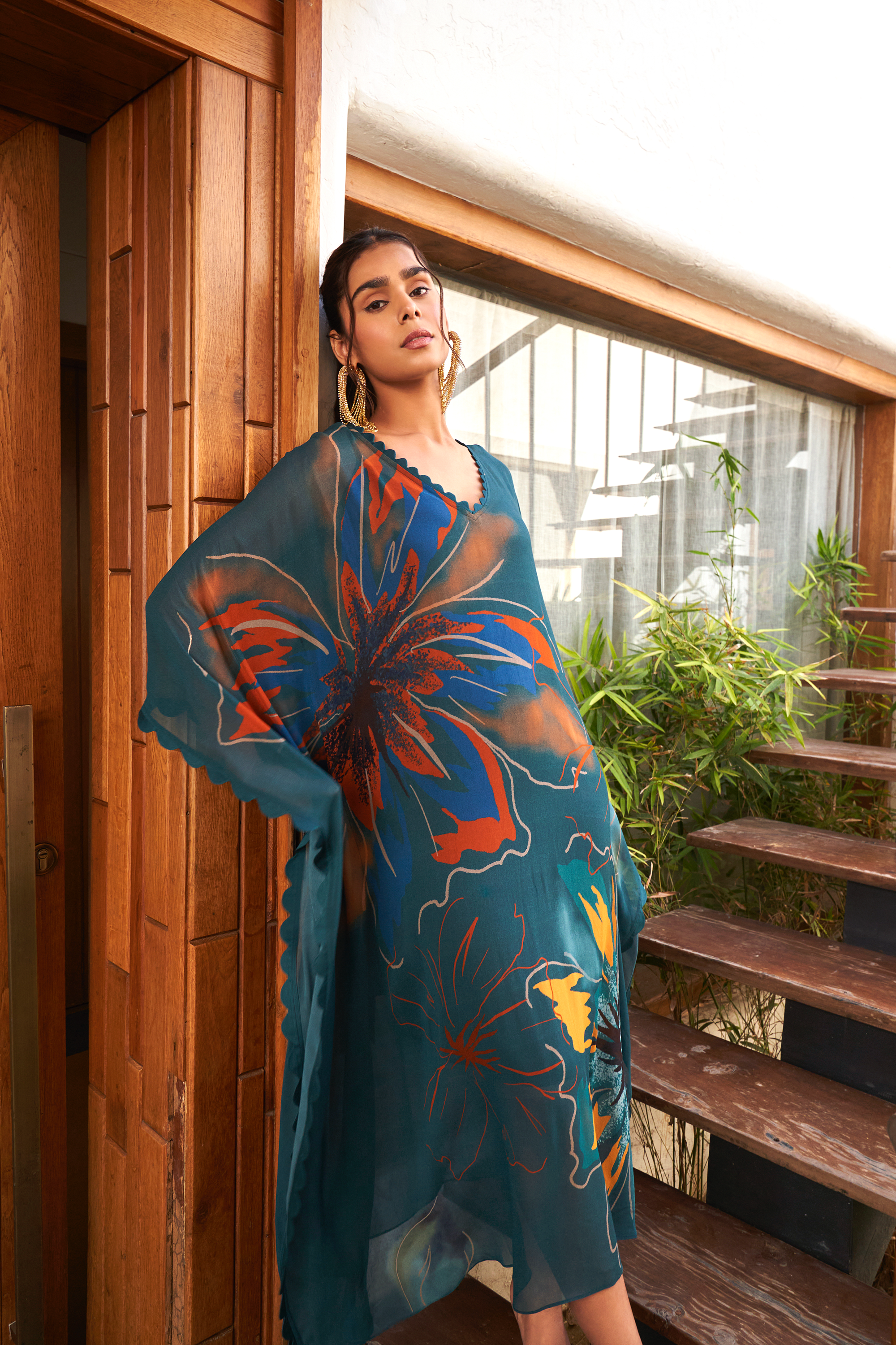 Summer Flower Teal Long Kaftan