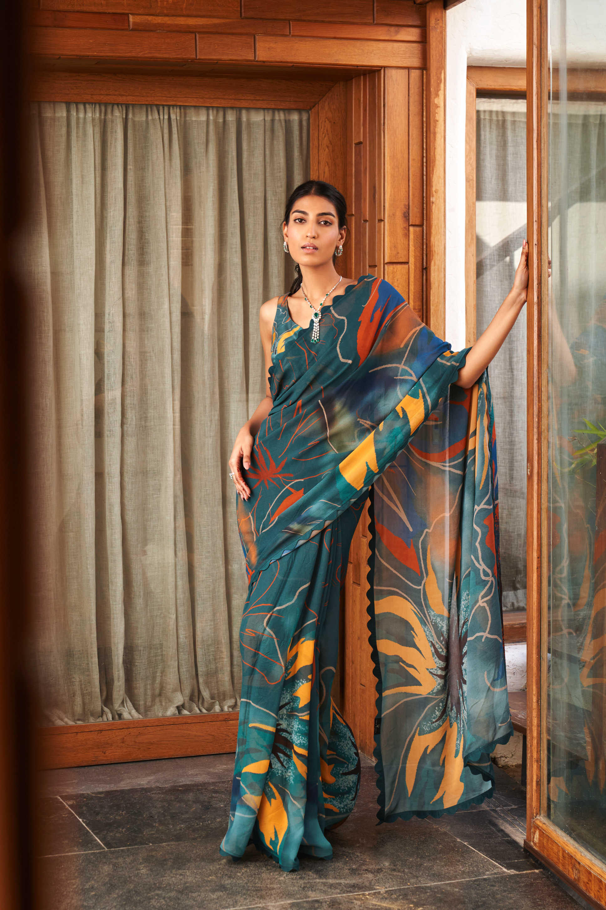 Summer Flower teal Saree Set