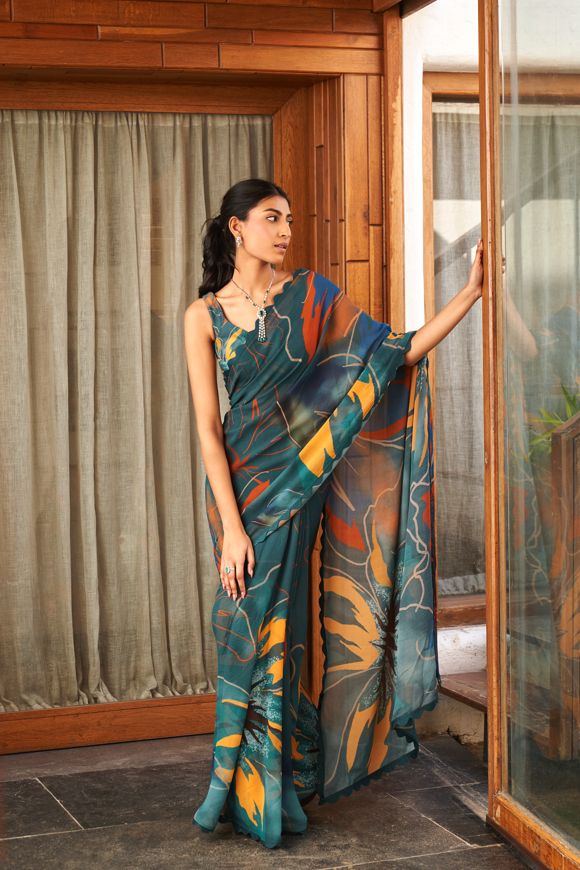 Summer Flower teal Saree Set