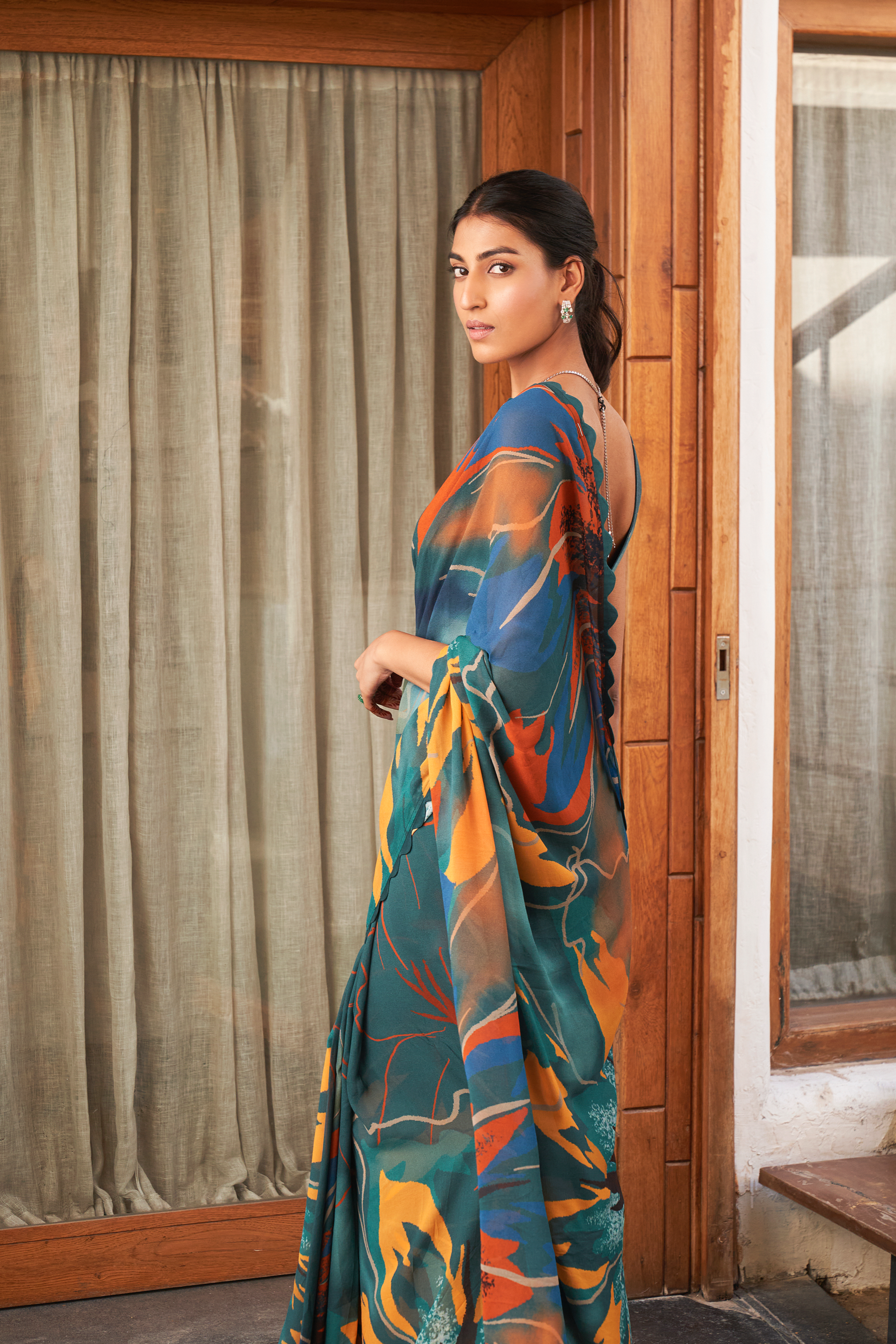 Summer Flower teal Saree Set