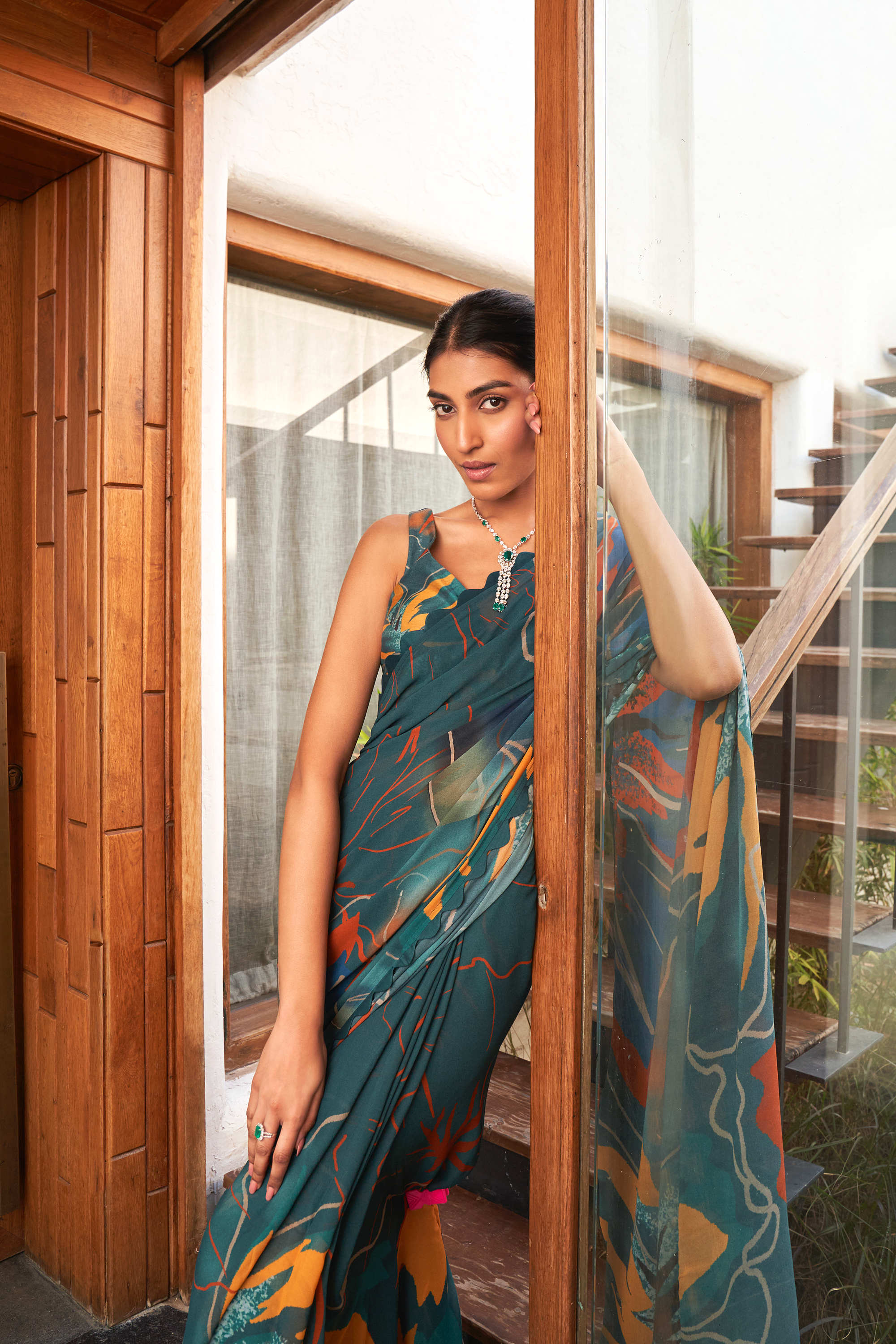 Summer Flower teal Saree Set