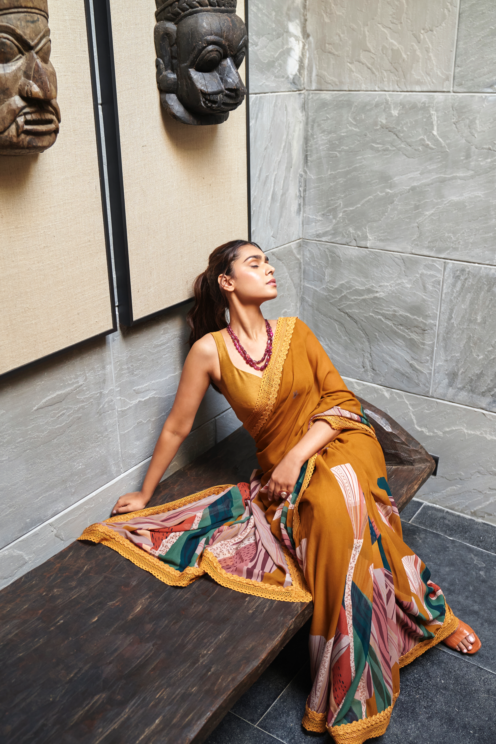 Mustard Yellow Abstract Print Saree With Blouse