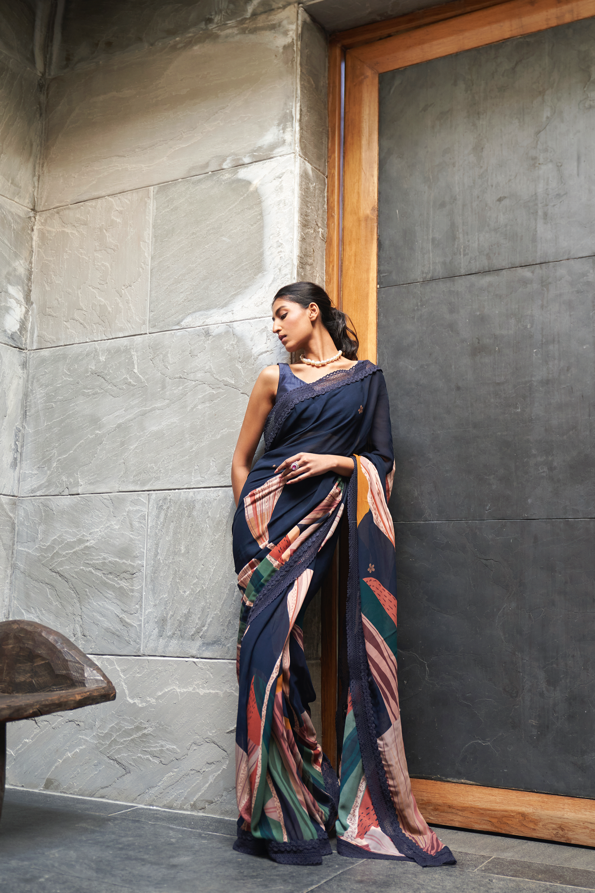 Midnight Blue Abstract Print Saree With Blouse