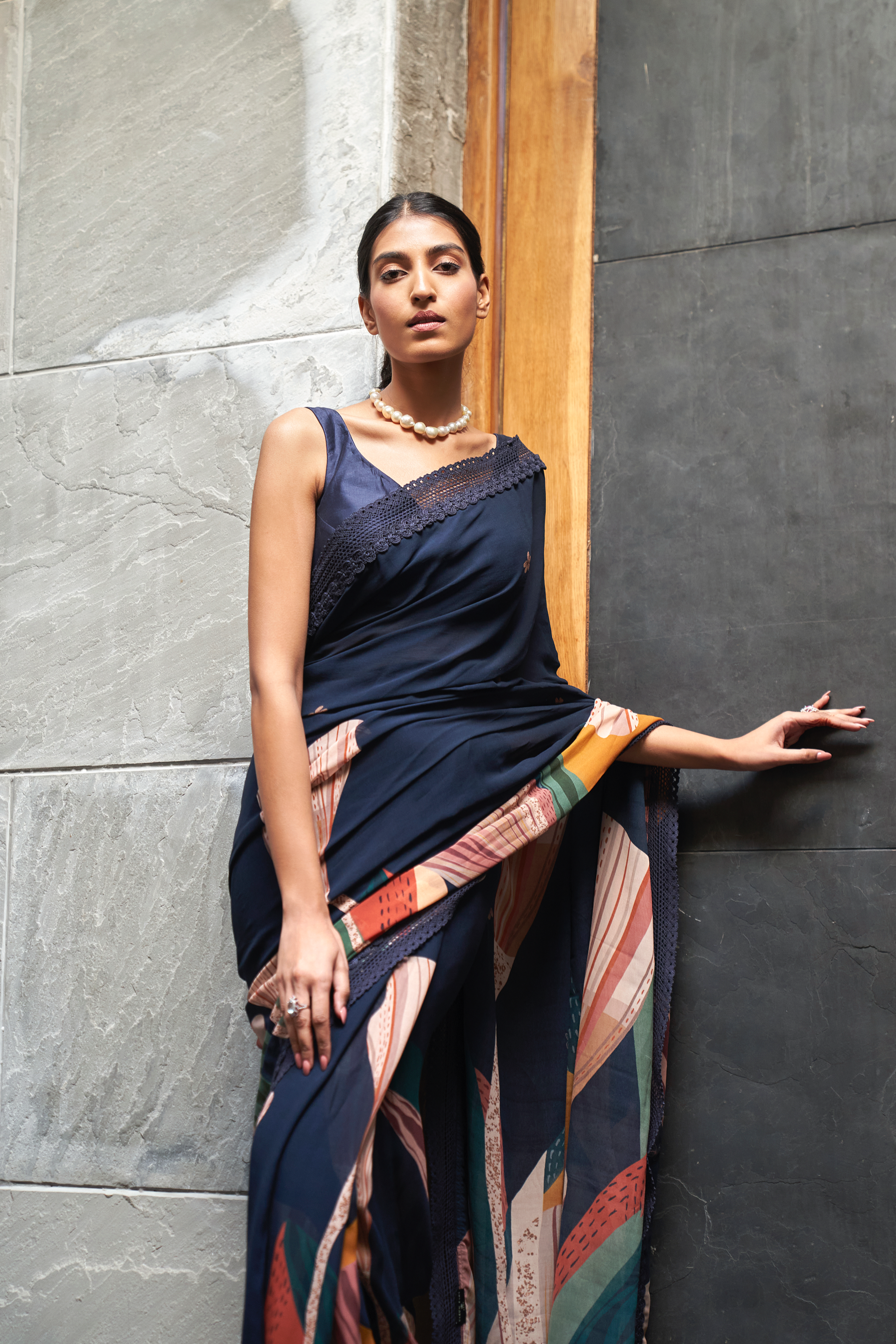 Midnight Blue Abstract Print Saree With Blouse