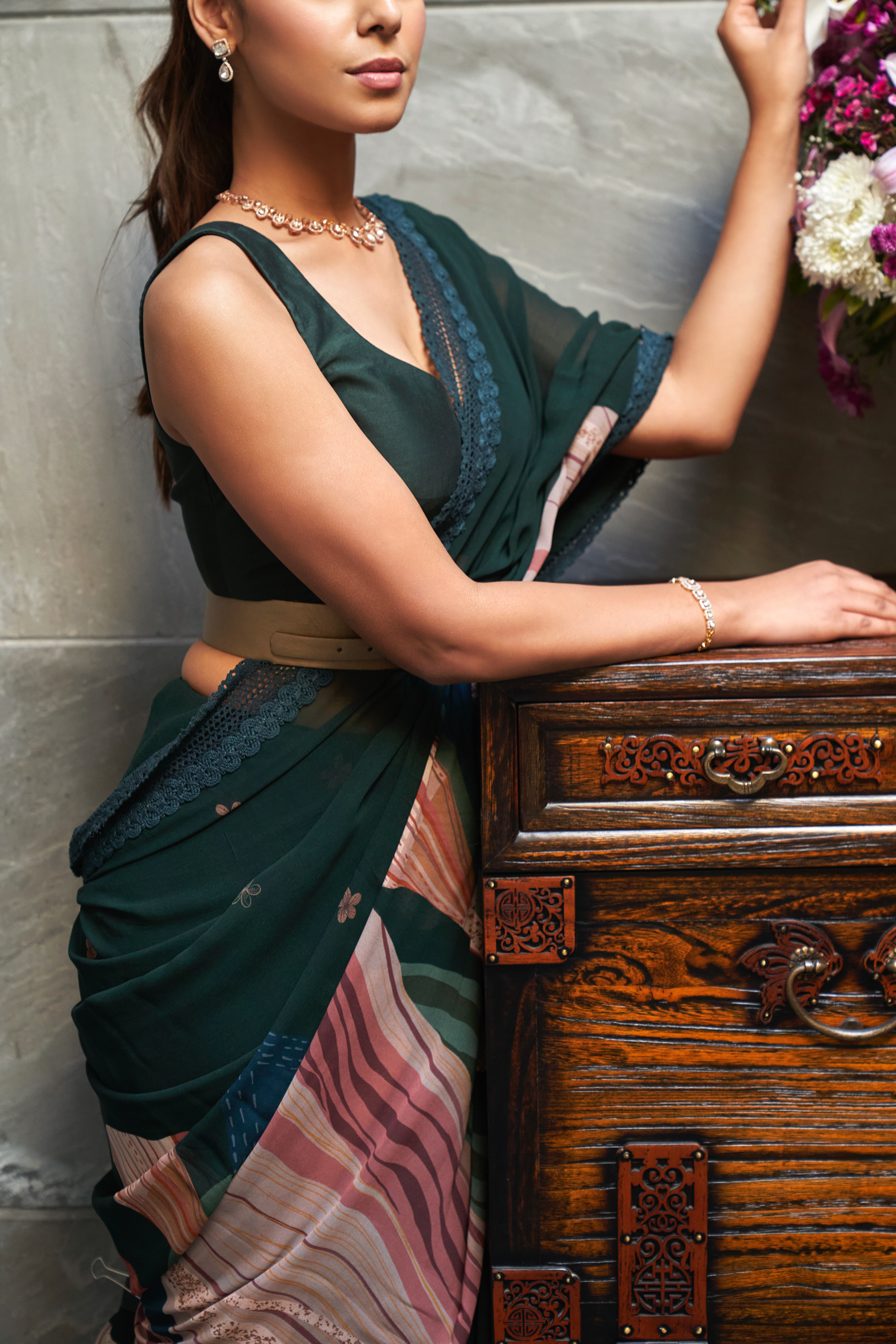 Bottle Green Abstract Print Saree With Blouse