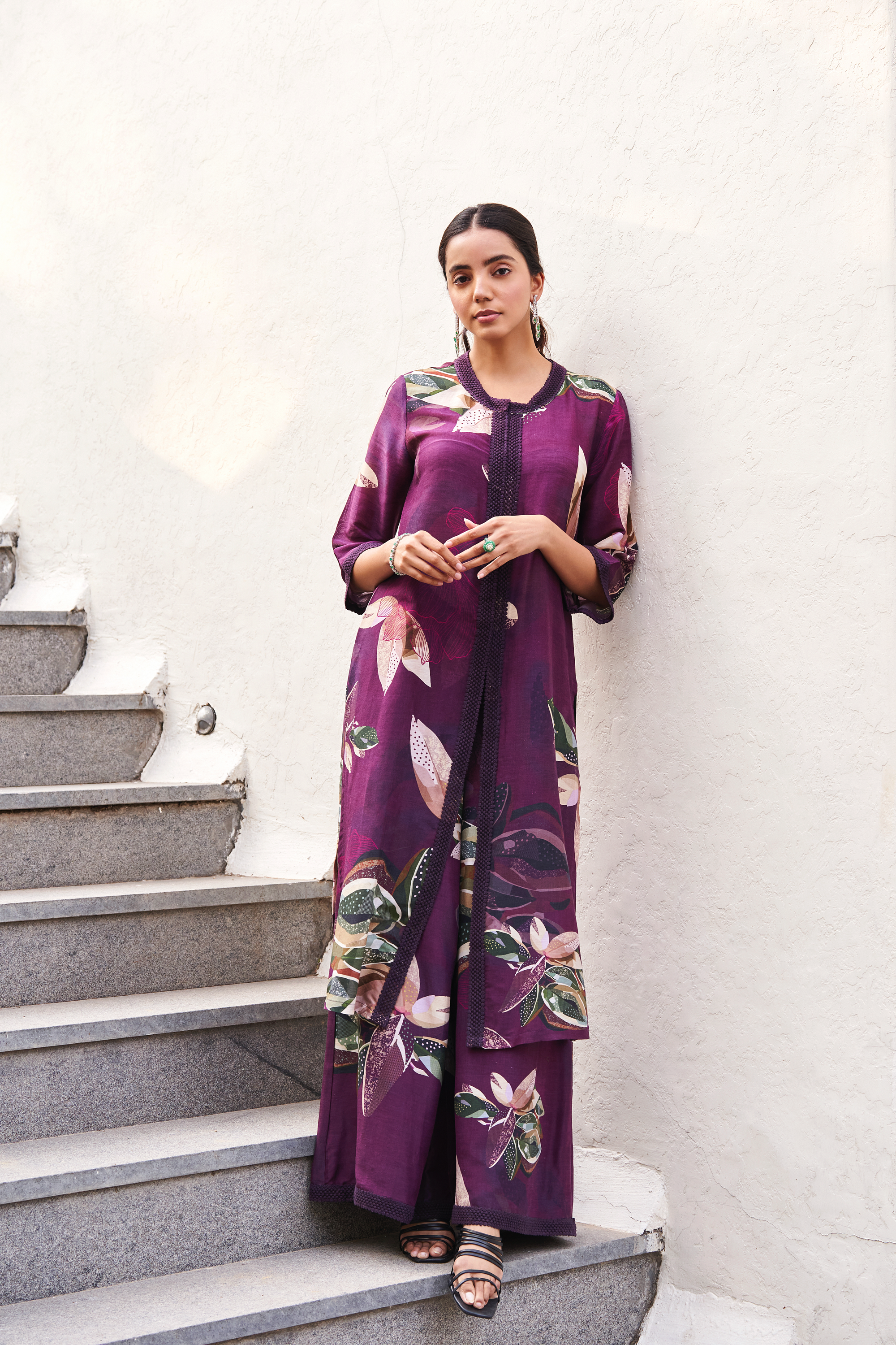 Botanical Leaf Front Open Kurta Set