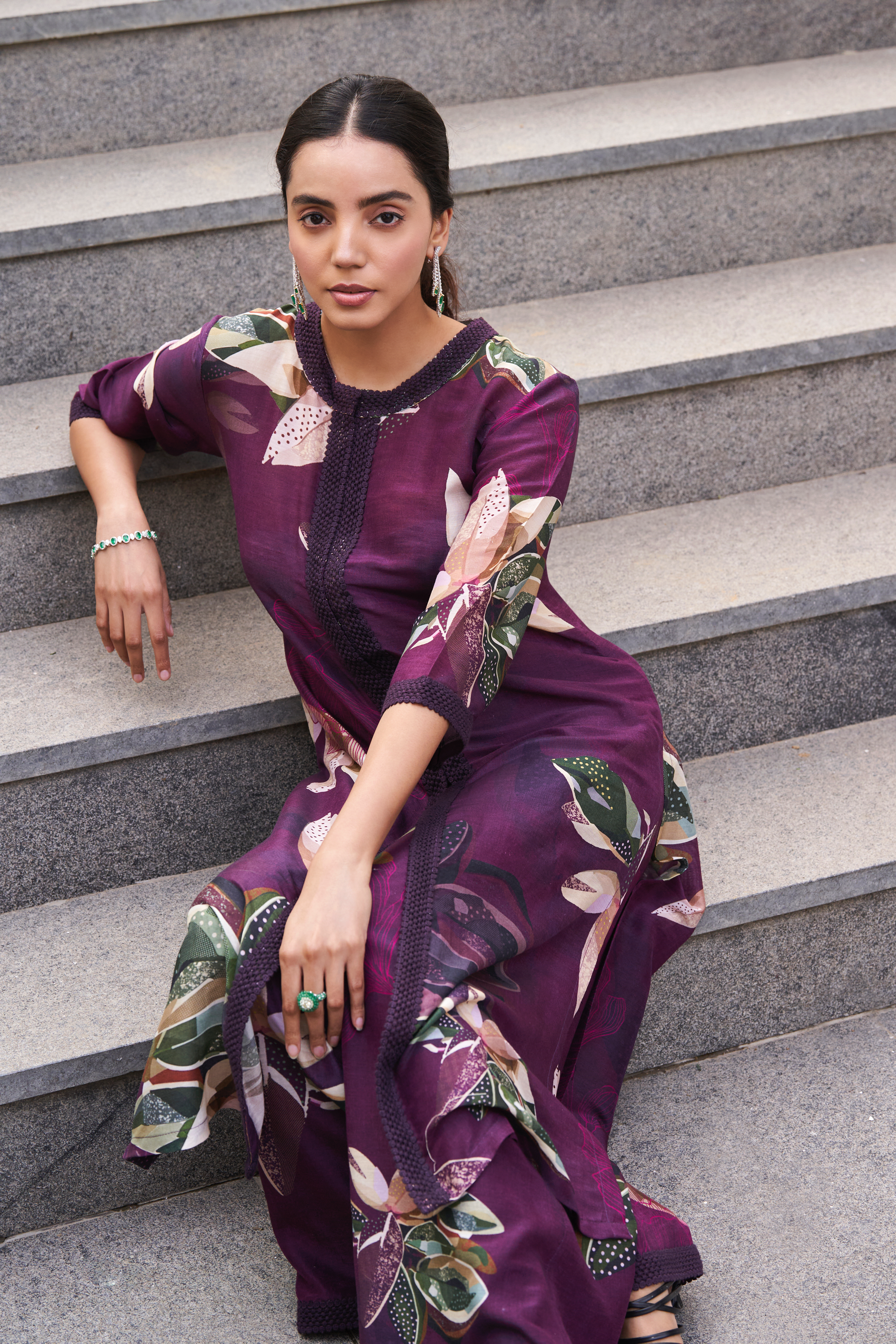 Botanical Leaf Front Open Kurta Set