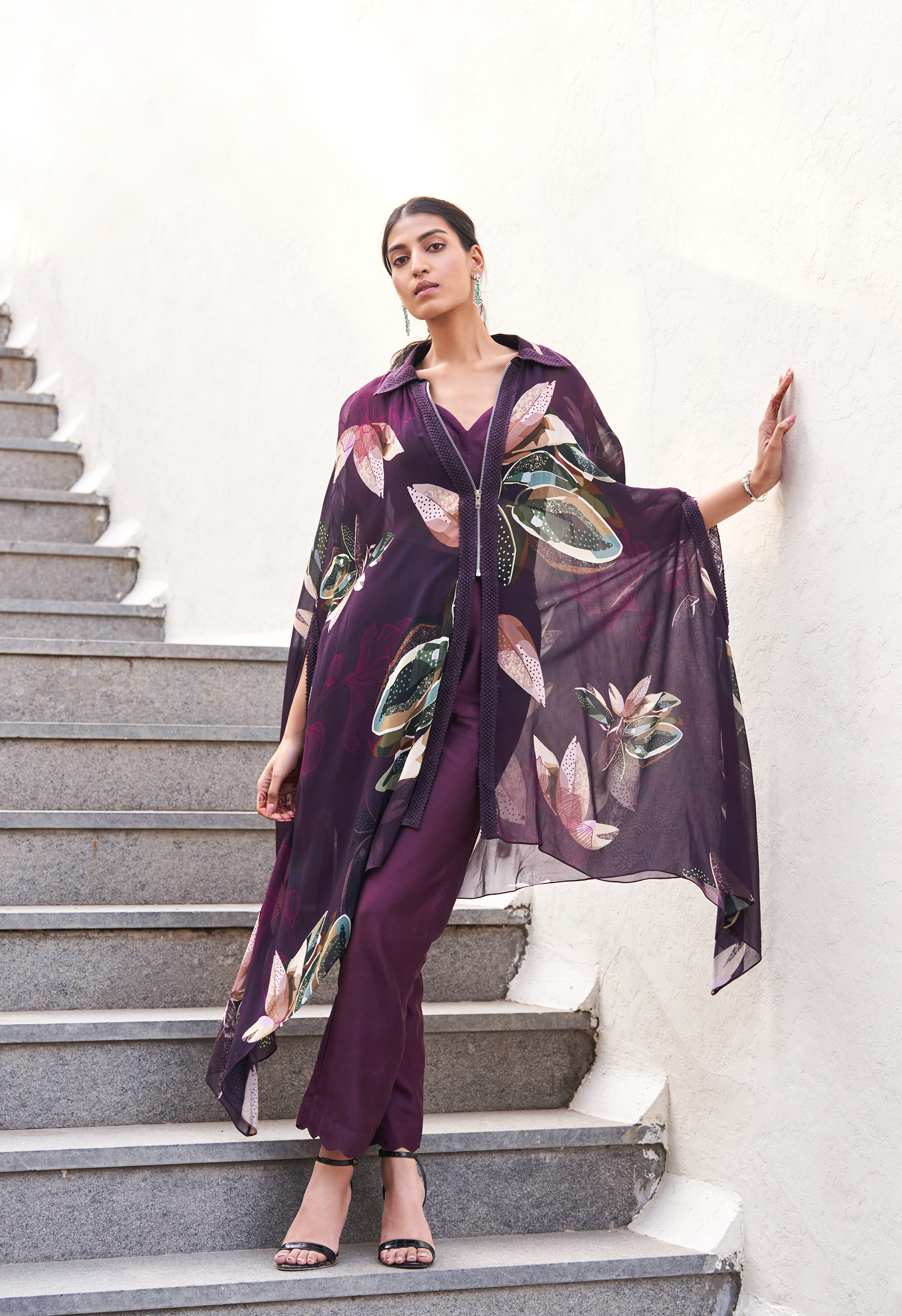 Botanical Leaf Zipper Tunic Set