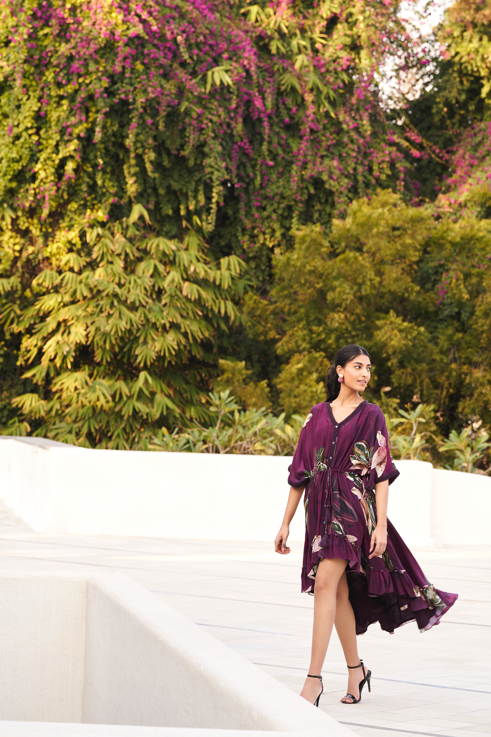 Botanical Leaf Asymmetric Cape Dress