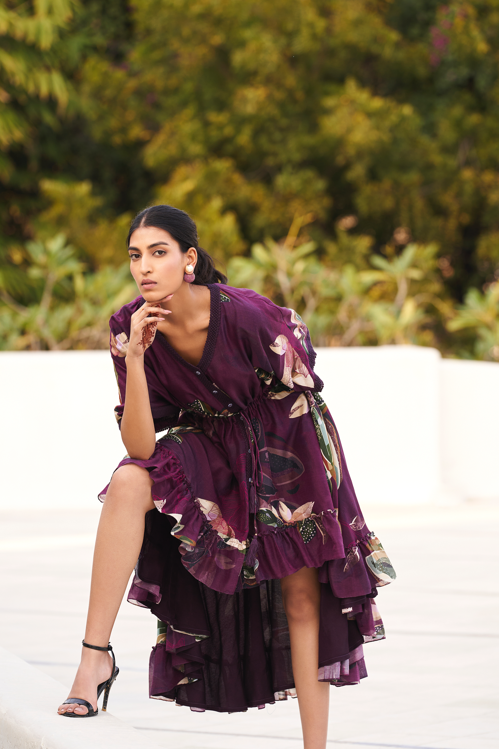 Botanical Leaf Asymmetric Cape Dress