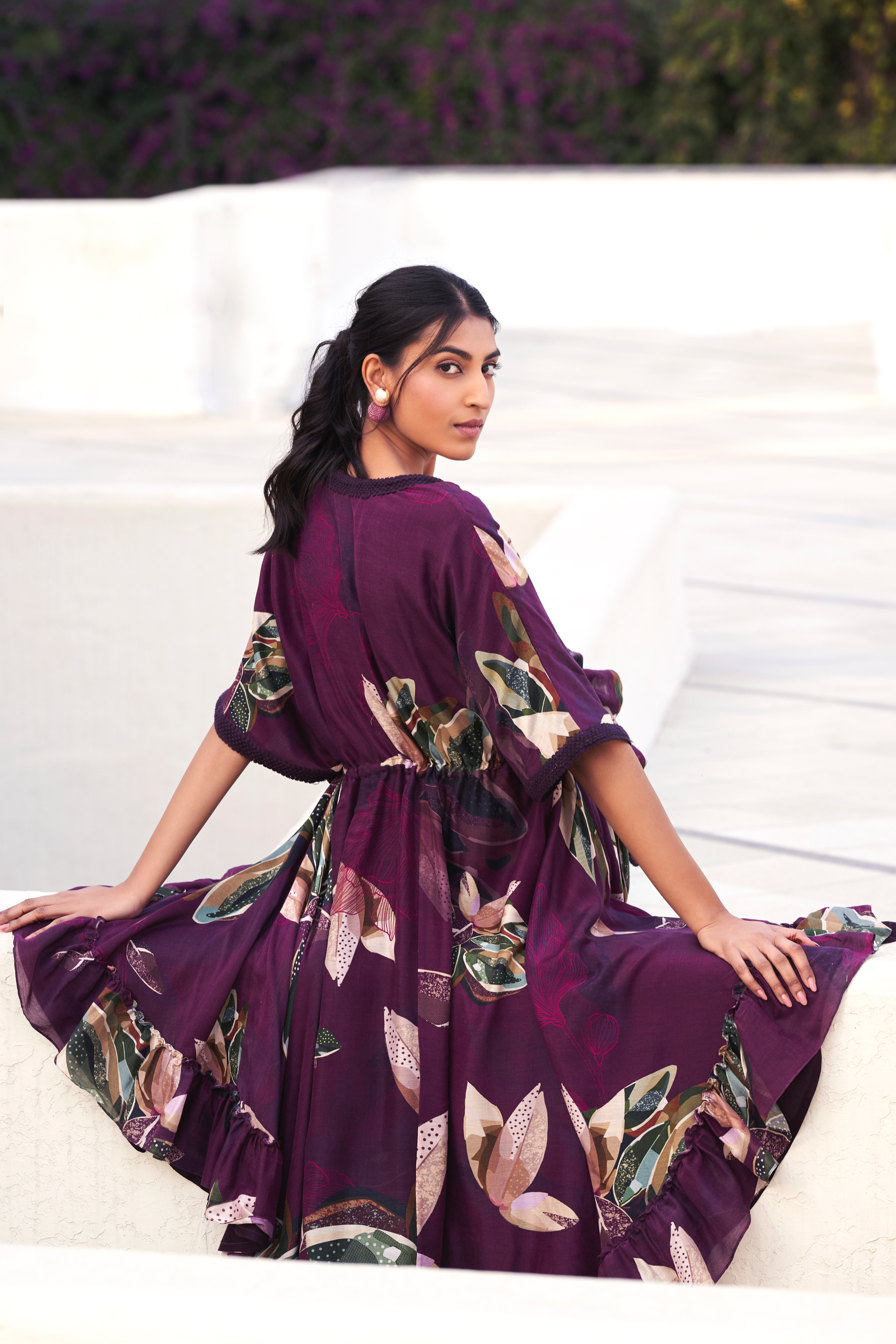 Botanical Leaf Asymmetric Cape Dress