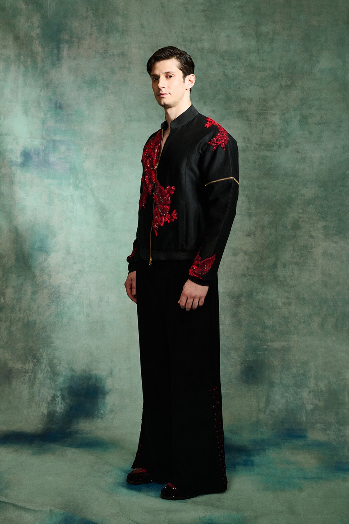 BLACK CHANDERI SILK BOMBER JACKET