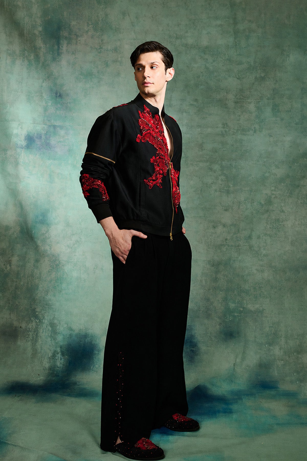 BLACK CHANDERI SILK BOMBER JACKET