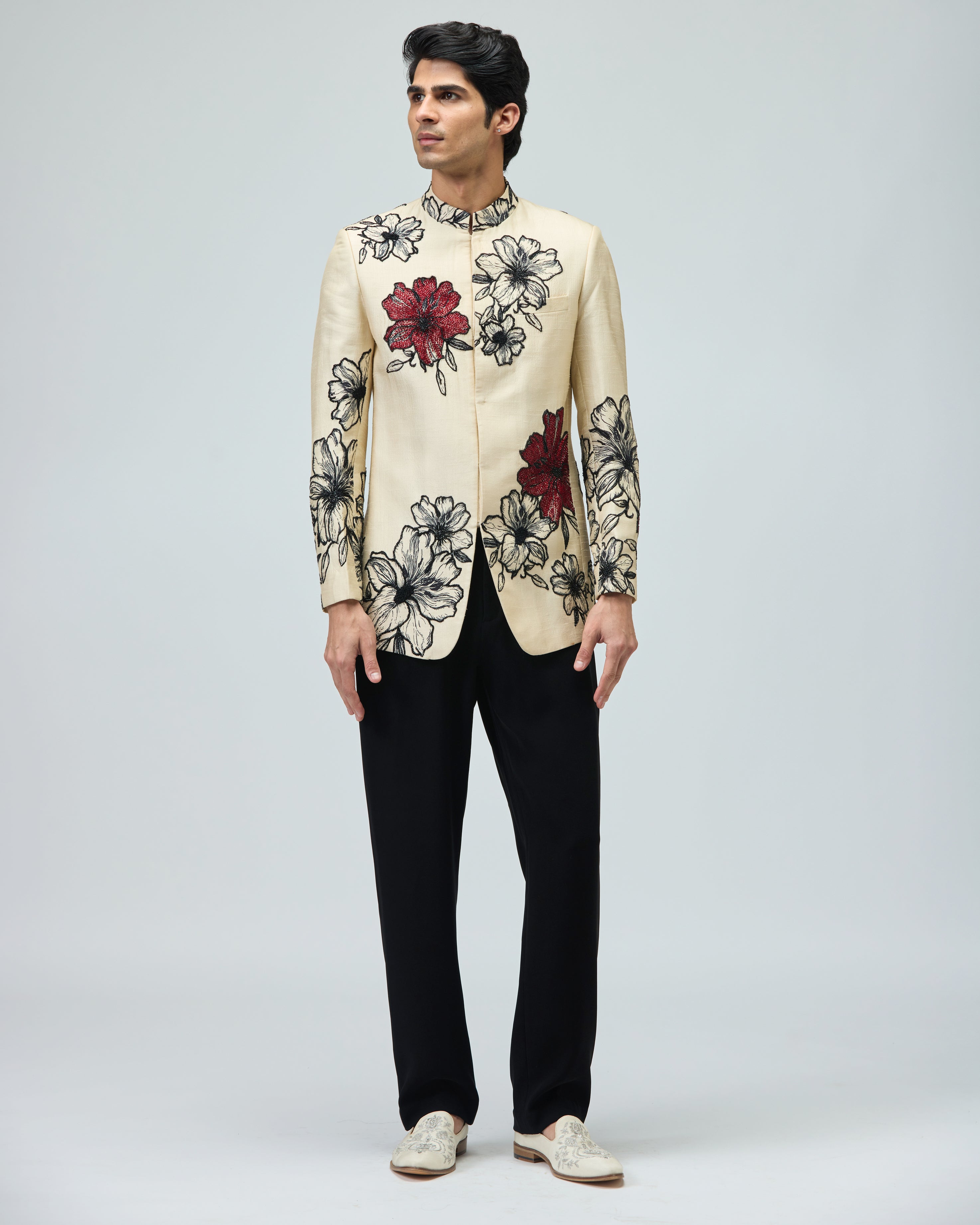 BEIGE FLORAL BANDHGALA