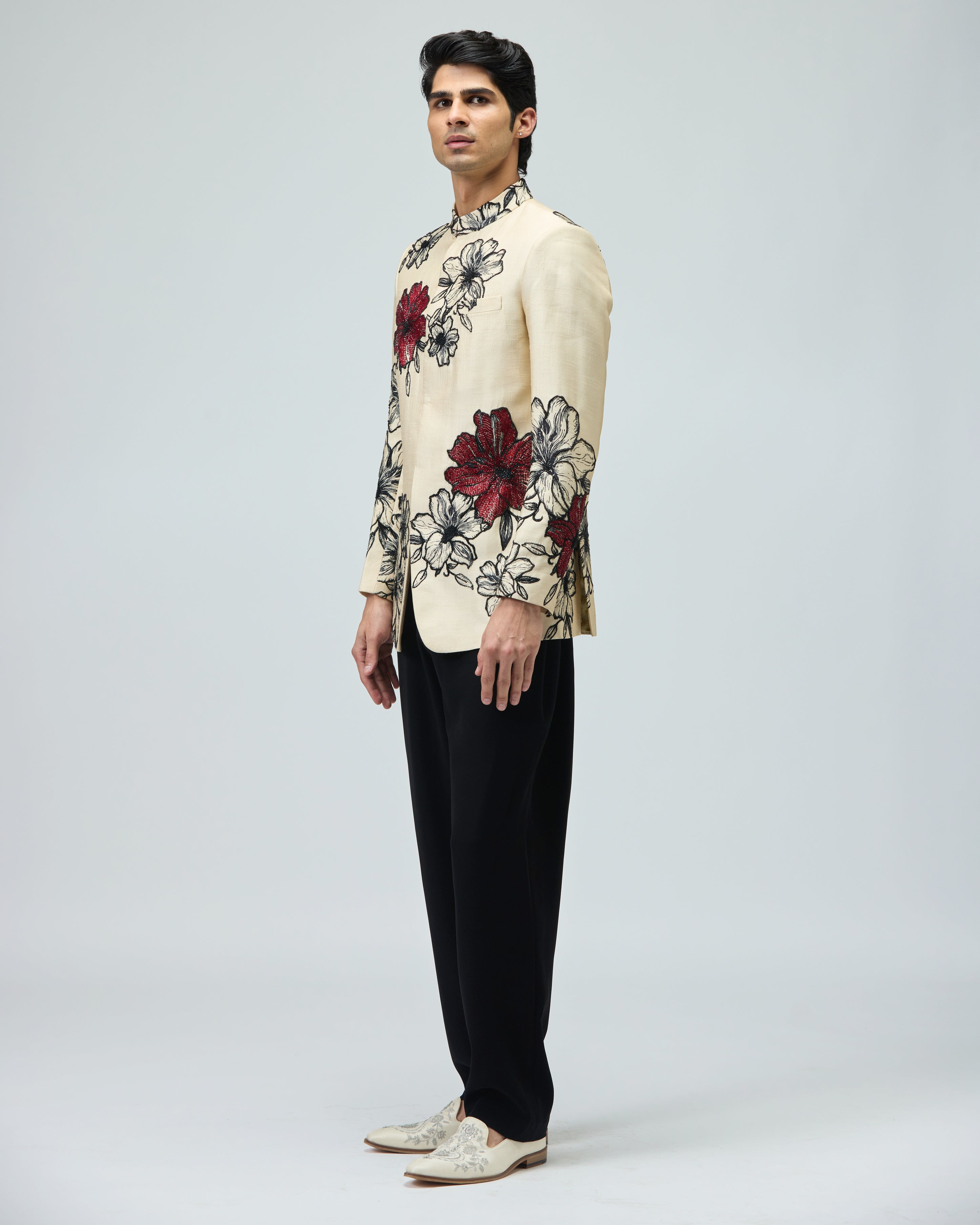 BEIGE FLORAL BANDHGALA