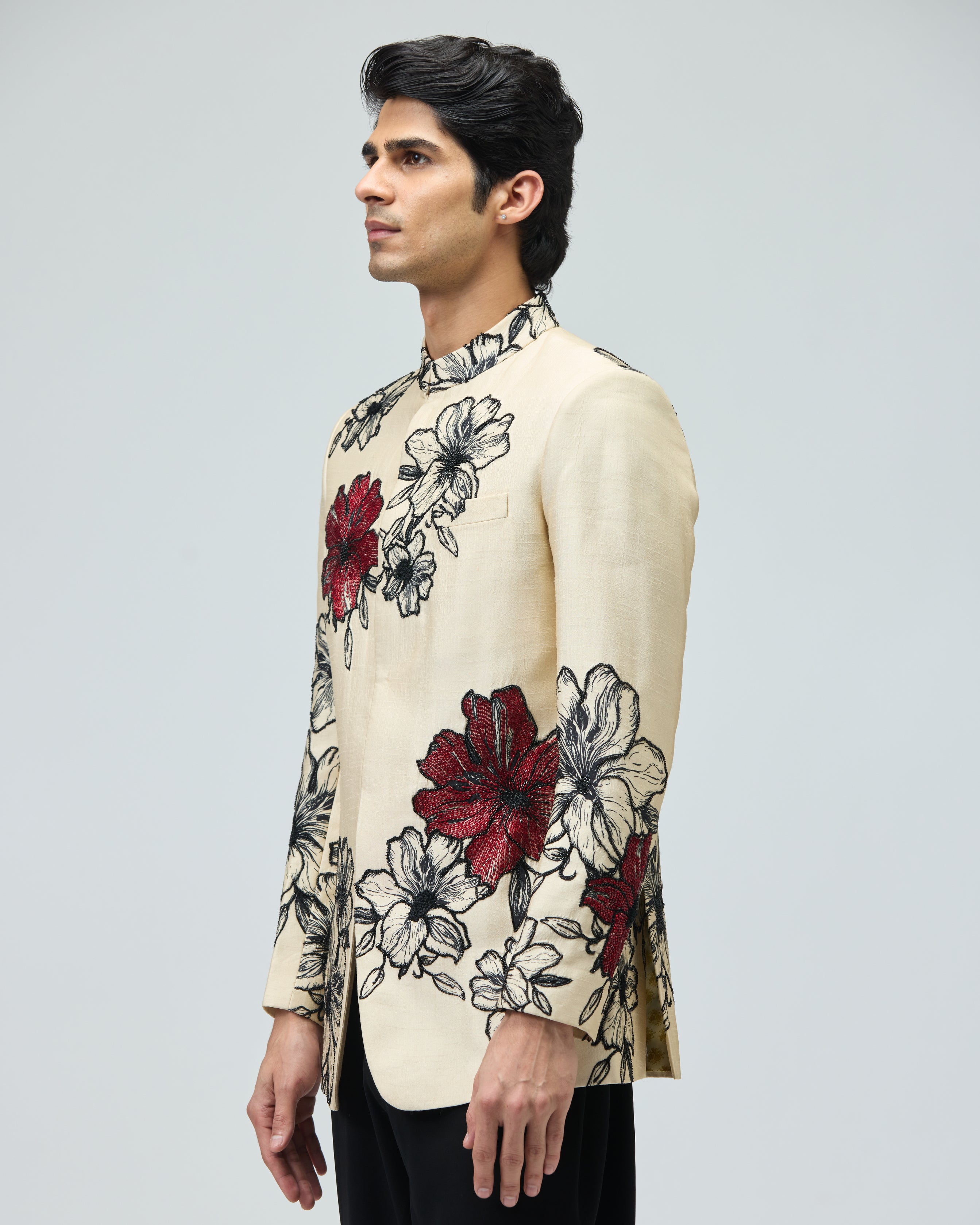 BEIGE FLORAL BANDHGALA